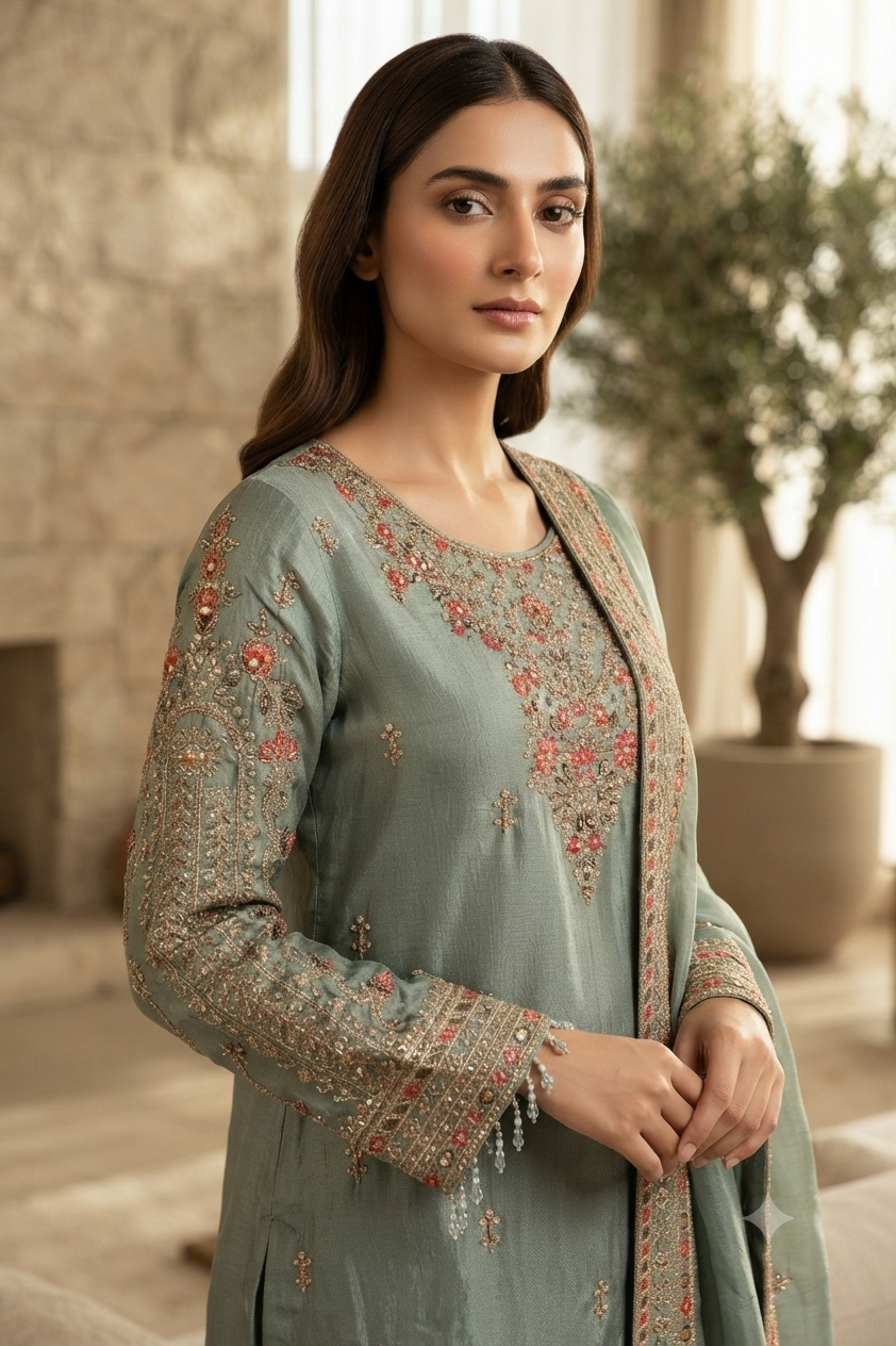 Raad Luxury Formal Embroidered Raw Silk 3 Piece Stitched Suit RD26LF RA-41 FZ GULNAAR Raad Luxury Formal Embroidered Raw Silk 3 Piece Stitched Suit RD26LF RA-41 FZ GULNAAR