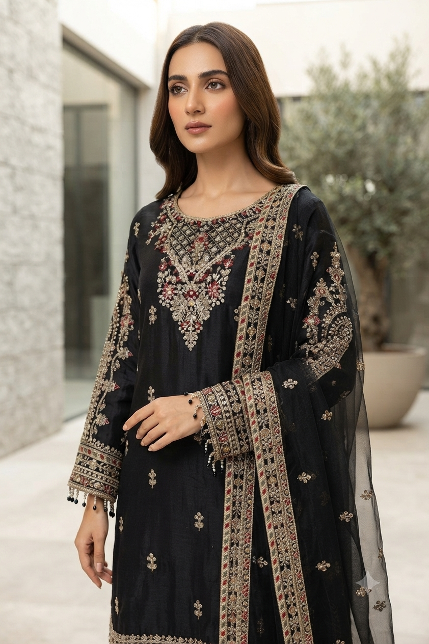 Raad Luxury Formal Embroidered Raw Silk 3 Piece Stitched Suit RD26LF RA-41 BK GULNAAR Raad Luxury Formal Embroidered Raw Silk 3 Piece Stitched Suit RD26LF RA-41 BK GULNAAR