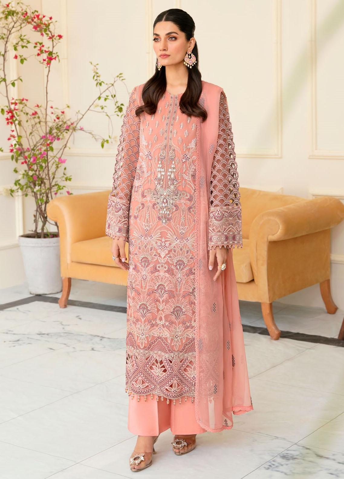 Safeera By Flossie Embroidered Chiffon Unstitched 3 Piece Suit - 08 SHEEL PINK Safeera By Flossie Embroidered Chiffon Unstitched 3 Piece Suit - 08 SHEEL PINK