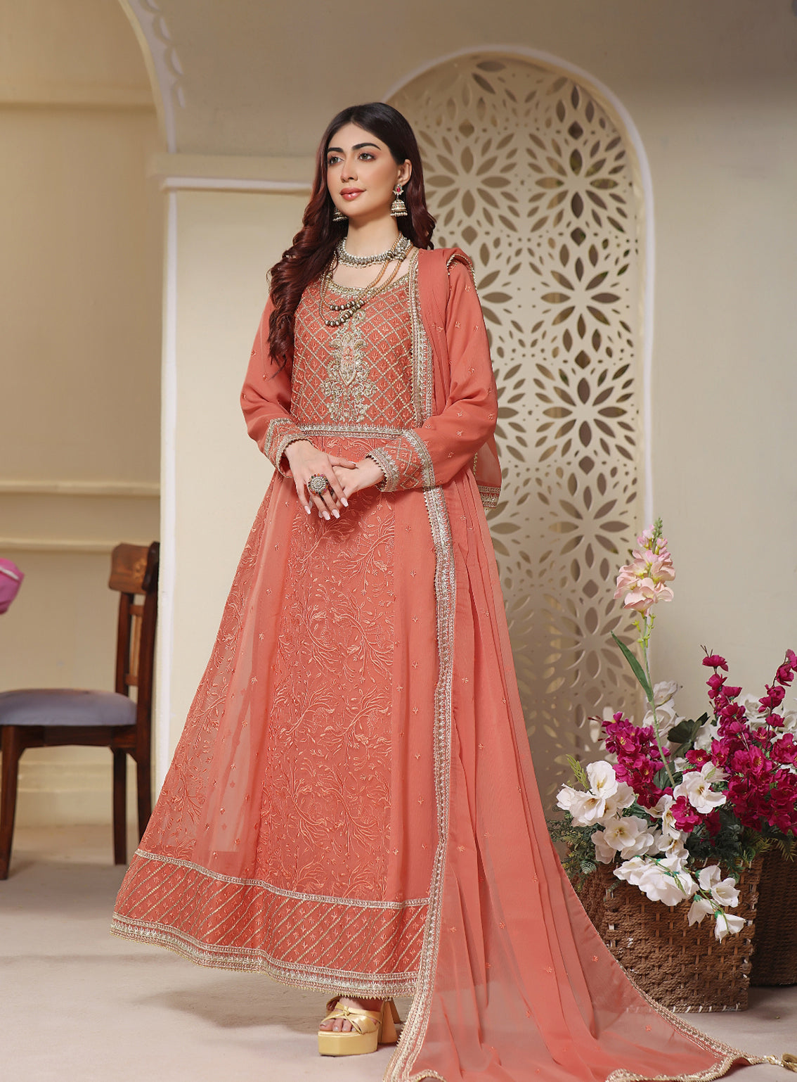 Abaan Zohan Formal Embroidered Chiffon Suits Stitched 3 Piece - ABZO24F-MEHREEB-TEA PINK Abaan Zohan Formal Embroidered Chiffon Suits Stitched 3 Piece - ABZO24F-MEHREEB-TEA PINK