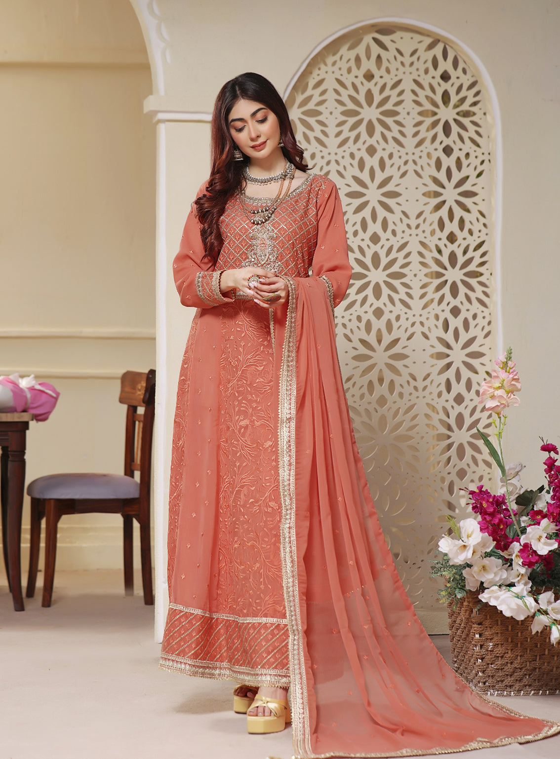 Abaan Zohan Formal Embroidered Chiffon Suits Stitched 3 Piece - ABZO24F-MEHREEB-TEA PINK Abaan Zohan Formal Embroidered Chiffon Suits Stitched 3 Piece - ABZO24F-MEHREEB-TEA PINK