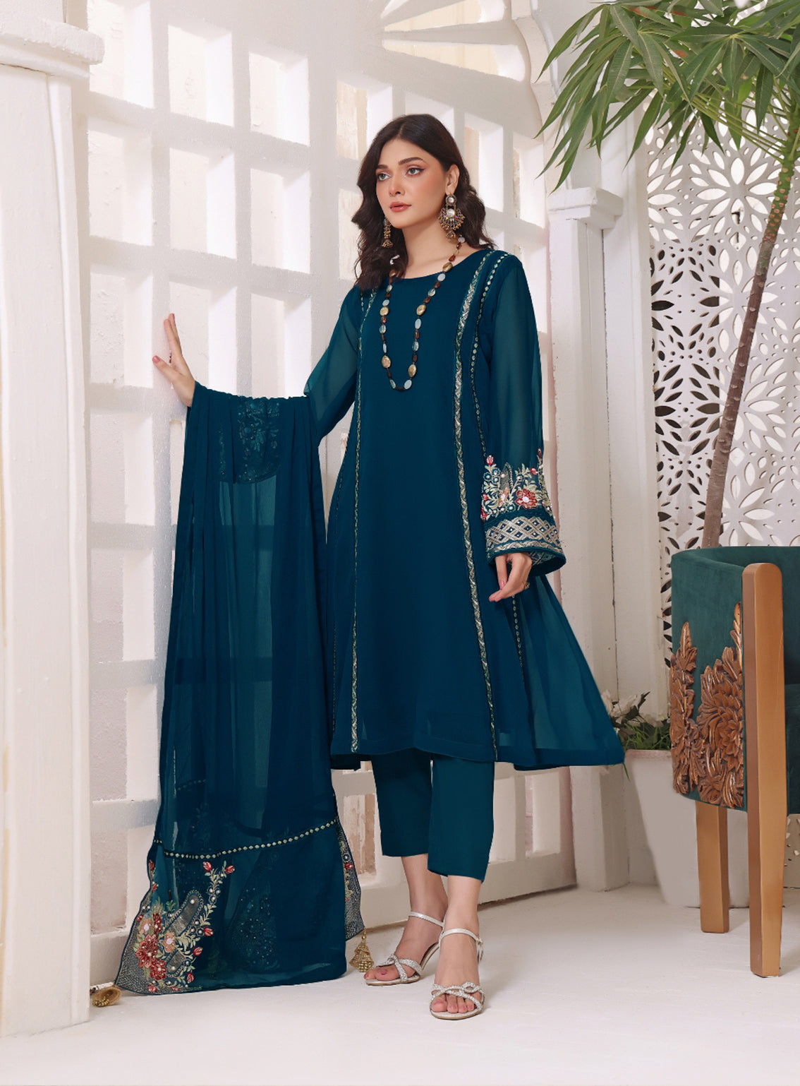 Abaan Zohan Formal Embroidered Chiffon Suits Stitched 4 Piece - ABZO24F-ZEENIA-PEACOCK Abaan Zohan Formal Embroidered Chiffon Suits Stitched 4 Piece - ABZO24F-ZEENIA-PEACOCK