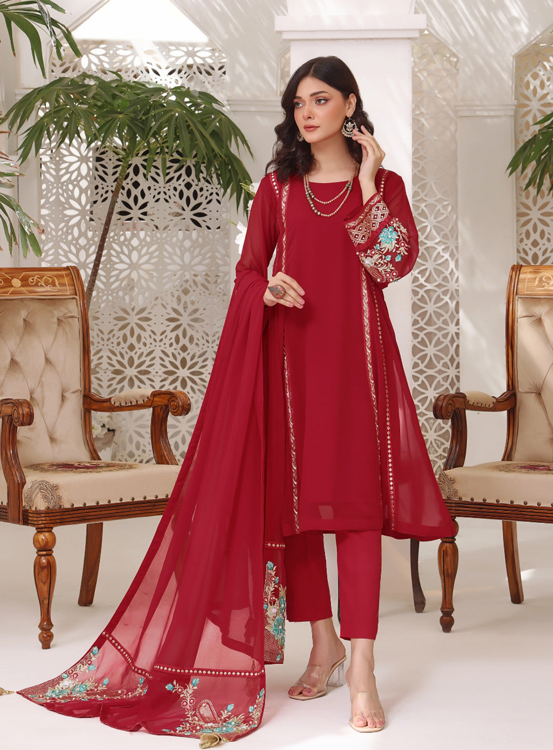 Abaan Zohan Formal Embroidered Chiffon Suits Stitched 4 Piece - ABZO24F-ZEENIA-RED Abaan Zohan Formal Embroidered Chiffon Suits Stitched 4 Piece - ABZO24F-ZEENIA-RED