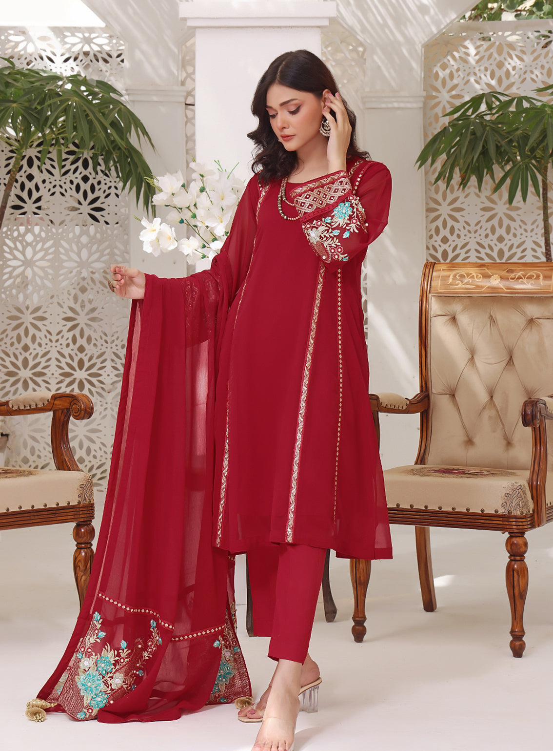 Abaan Zohan Formal Embroidered Chiffon Suits Stitched 4 Piece - ABZO24F-ZEENIA-RED Abaan Zohan Formal Embroidered Chiffon Suits Stitched 4 Piece - ABZO24F-ZEENIA-RED