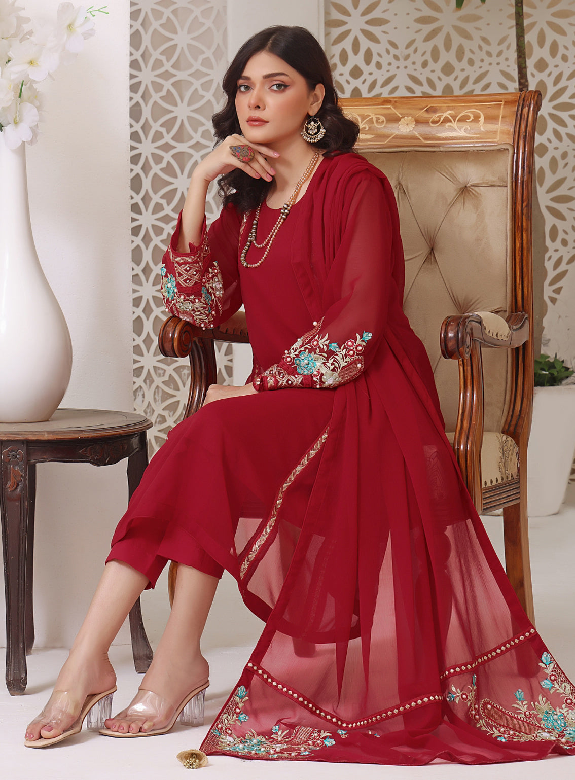 Abaan Zohan Formal Embroidered Chiffon Suits Stitched 4 Piece - ABZO24F-ZEENIA-RED Abaan Zohan Formal Embroidered Chiffon Suits Stitched 4 Piece - ABZO24F-ZEENIA-RED