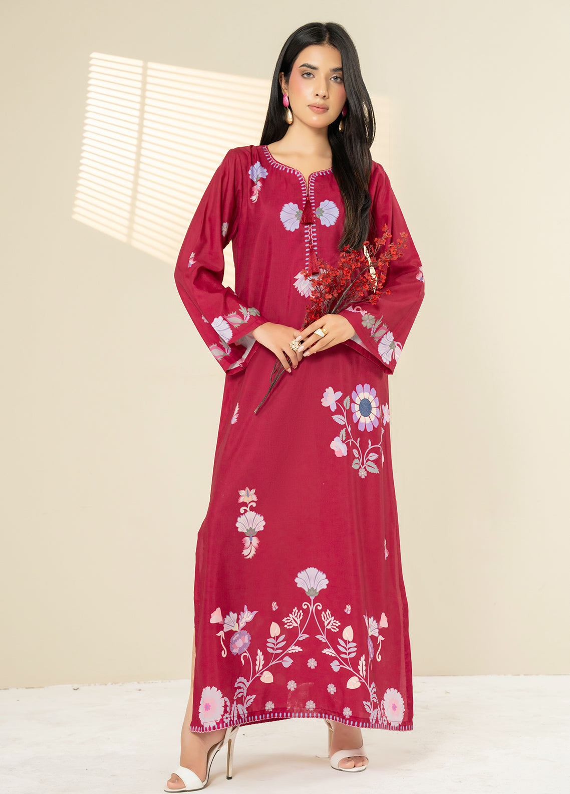 Allure Kaftan By Amani Pret Printed Lawn 1 Piece Stitched Kurti AP26AKP D-UR-1115 ENVY Maroon - Front View Allure Kaftan By Amani Pret Printed Lawn 1 Piece Stitched Kurti AP26AKP D-UR-1115 ENVY Maroon - Front View