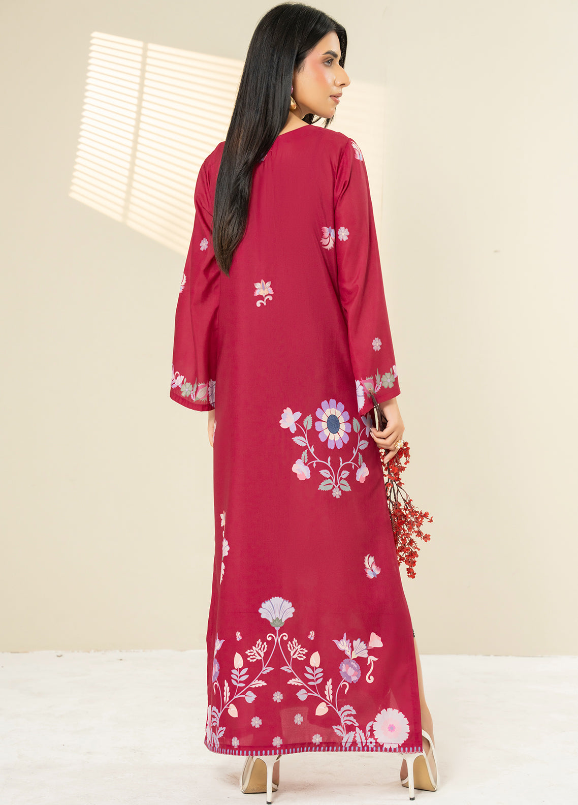 Allure Kaftan By Amani Pret Printed Lawn 1 Piece Stitched Kurti AP26AKP D-UR-1115 ENVY Maroon - Back View Allure Kaftan By Amani Pret Printed Lawn 1 Piece Stitched Kurti AP26AKP D-UR-1115 ENVY Maroon - Back View
