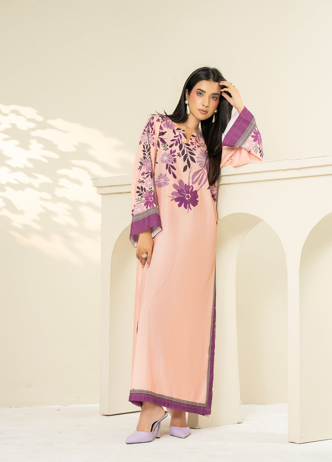 Allure Kaftan By Amani Pret Printed Lawn 1 Piece Stitched Kurti AP26AKP D-UR-1120 SWAY Peach - Front View Allure Kaftan By Amani Pret Printed Lawn 1 Piece Stitched Kurti AP26AKP D-UR-1120 SWAY Peach - Front View