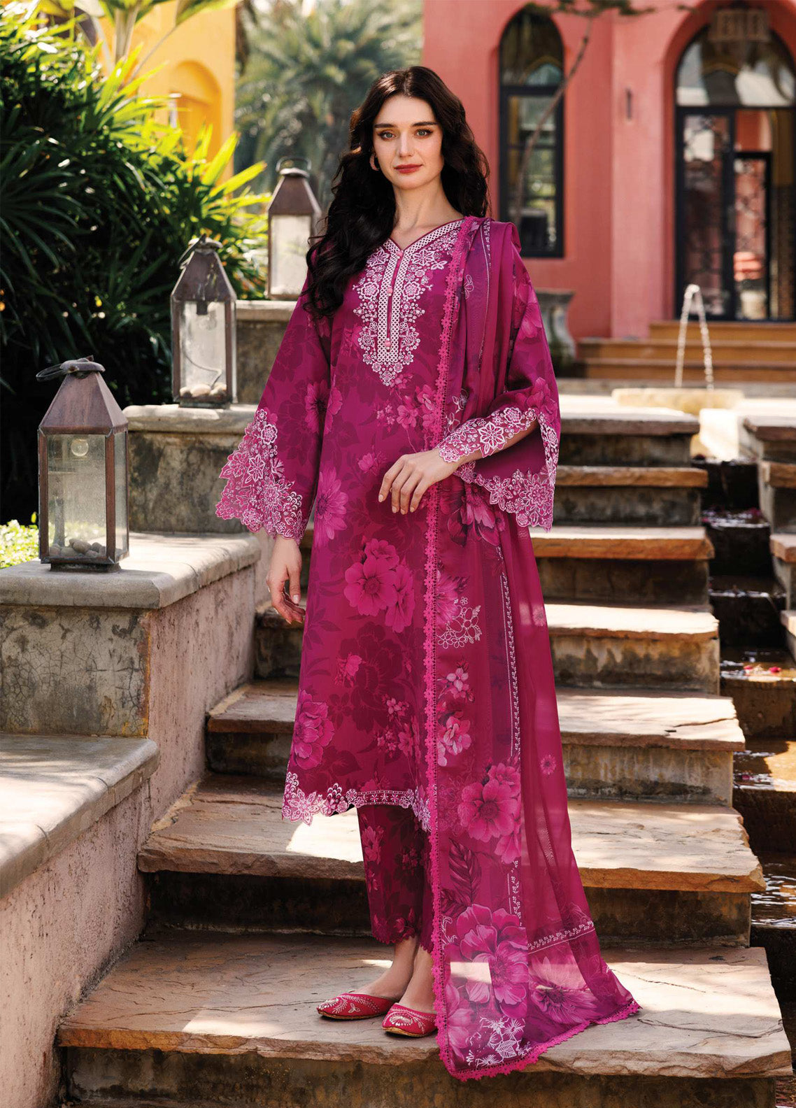 Aurea by Farasha Embroidered Lawn Suits Unstitched 3 Piece - FSH25AEL 07 FUCHSIA FLARE Aurea by Farasha Embroidered Lawn Suits Unstitched 3 Piece - FSH25AEL 07 FUCHSIA FLARE
