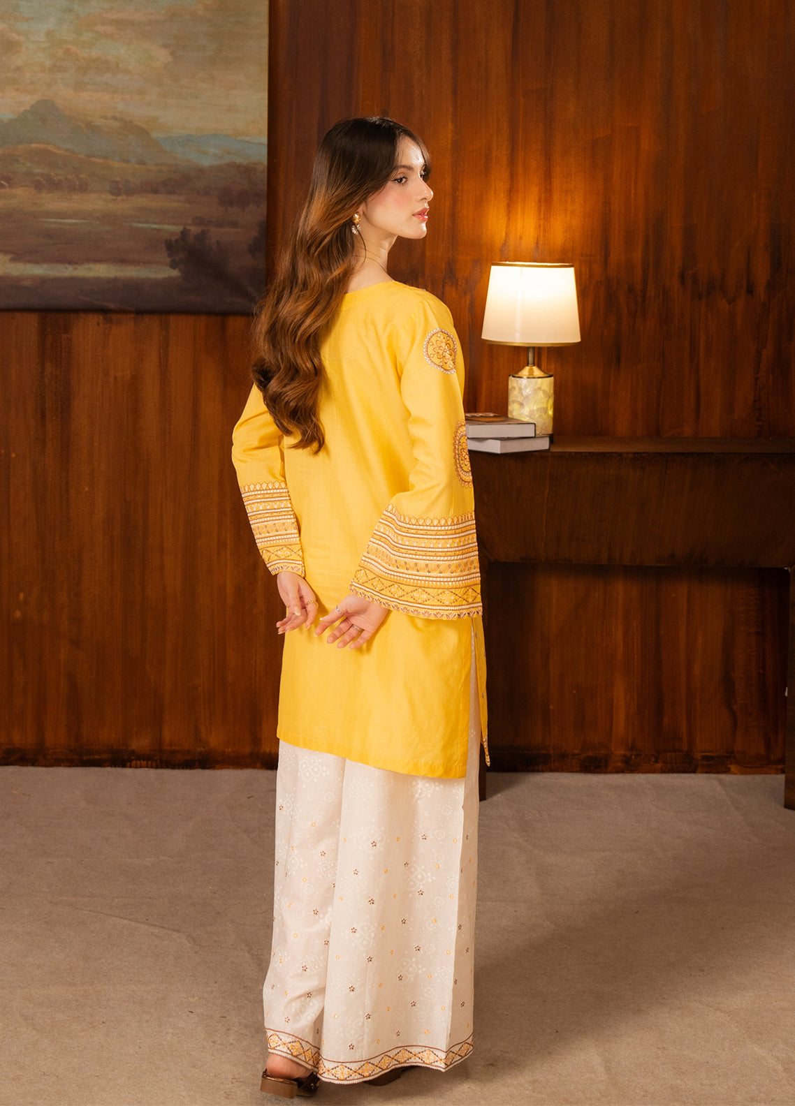 Ayaane By Amani Pret Printed Lawn 2 Piece Stitched Shirt Trouser AP26AP D-AY-1092 MEHRANEE Yellow White - Back View Ayaane By Amani Pret Printed Lawn 2 Piece Stitched Shirt Trouser AP26AP D-AY-1092 MEHRANEE Yellow White - Back View