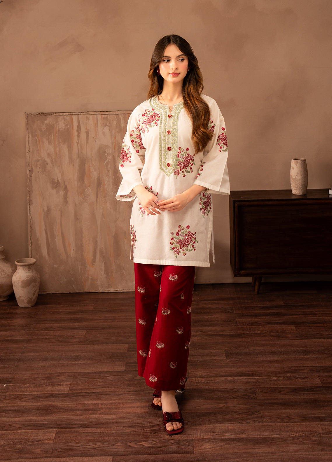 Ayaane By Amani Pret Printed Lawn 2 Piece Stitched Shirt Trouser AP26AP D-AY-1095 AAFREENE White Red - Front View Ayaane By Amani Pret Printed Lawn 2 Piece Stitched Shirt Trouser AP26AP D-AY-1095 AAFREENE White Red - Front View