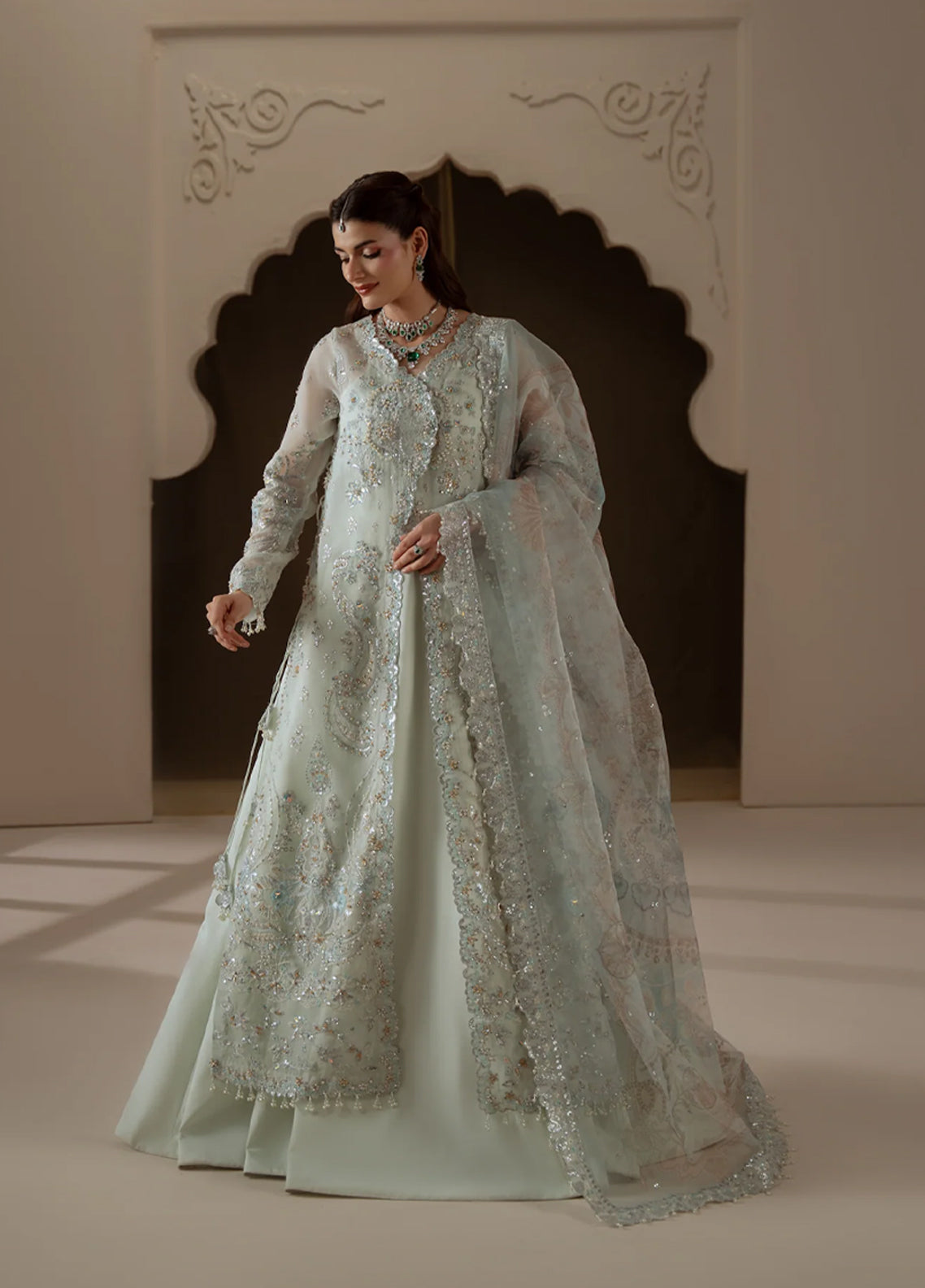 Ember By Aylin Luxury Festive Embroidered Organza 3 Piece Unstitched Dress AY26EF D-06 Celeste Mint Green - Front View Ember By Aylin Luxury Festive Embroidered Organza 3 Piece Unstitched Dress AY26EF D-06 Celeste Mint Green - Front View