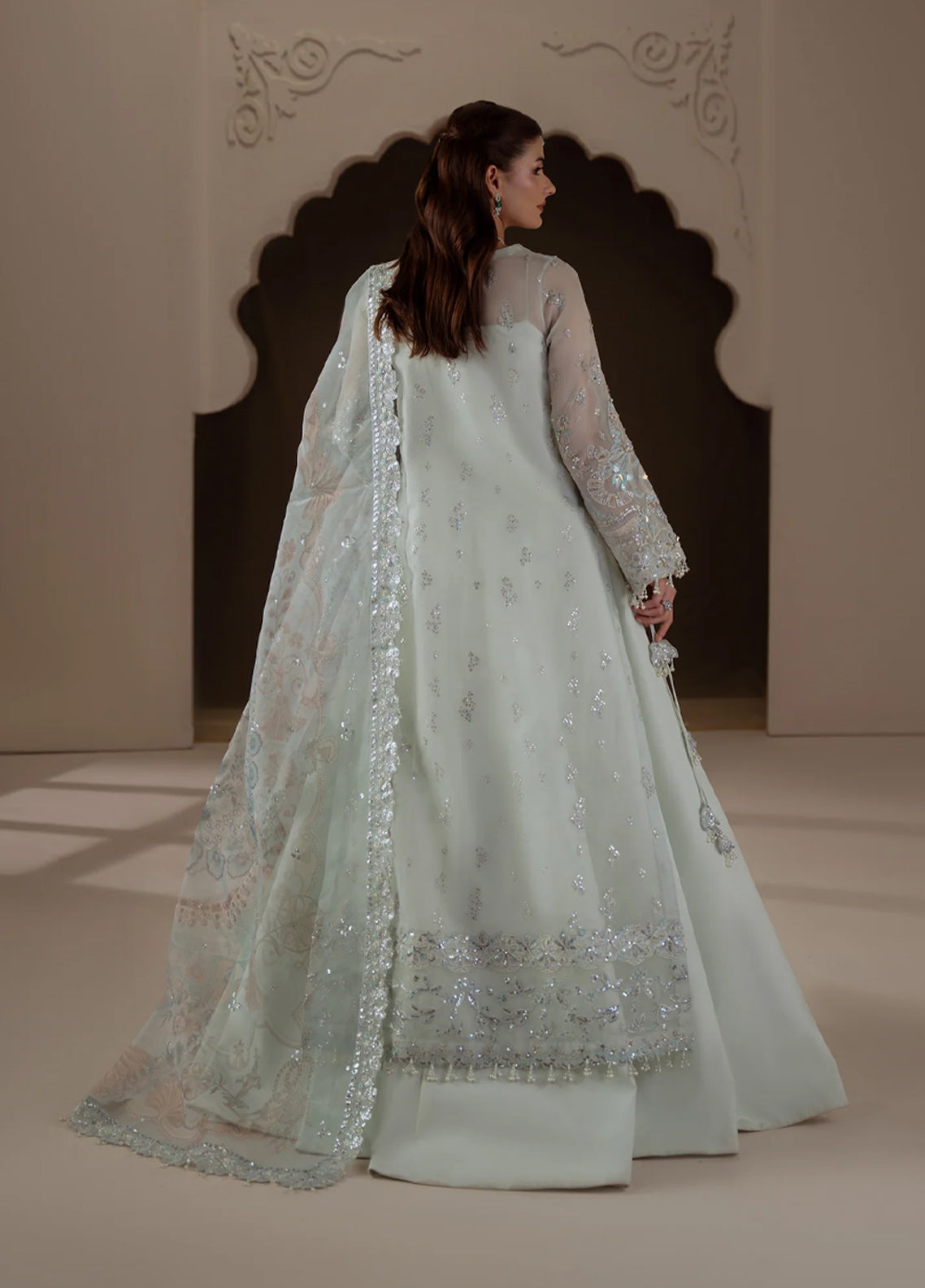 Ember By Aylin Luxury Festive Embroidered Organza 3 Piece Unstitched Dress AY26EF D-06 Celeste Mint Green - Back View Ember By Aylin Luxury Festive Embroidered Organza 3 Piece Unstitched Dress AY26EF D-06 Celeste Mint Green - Back View
