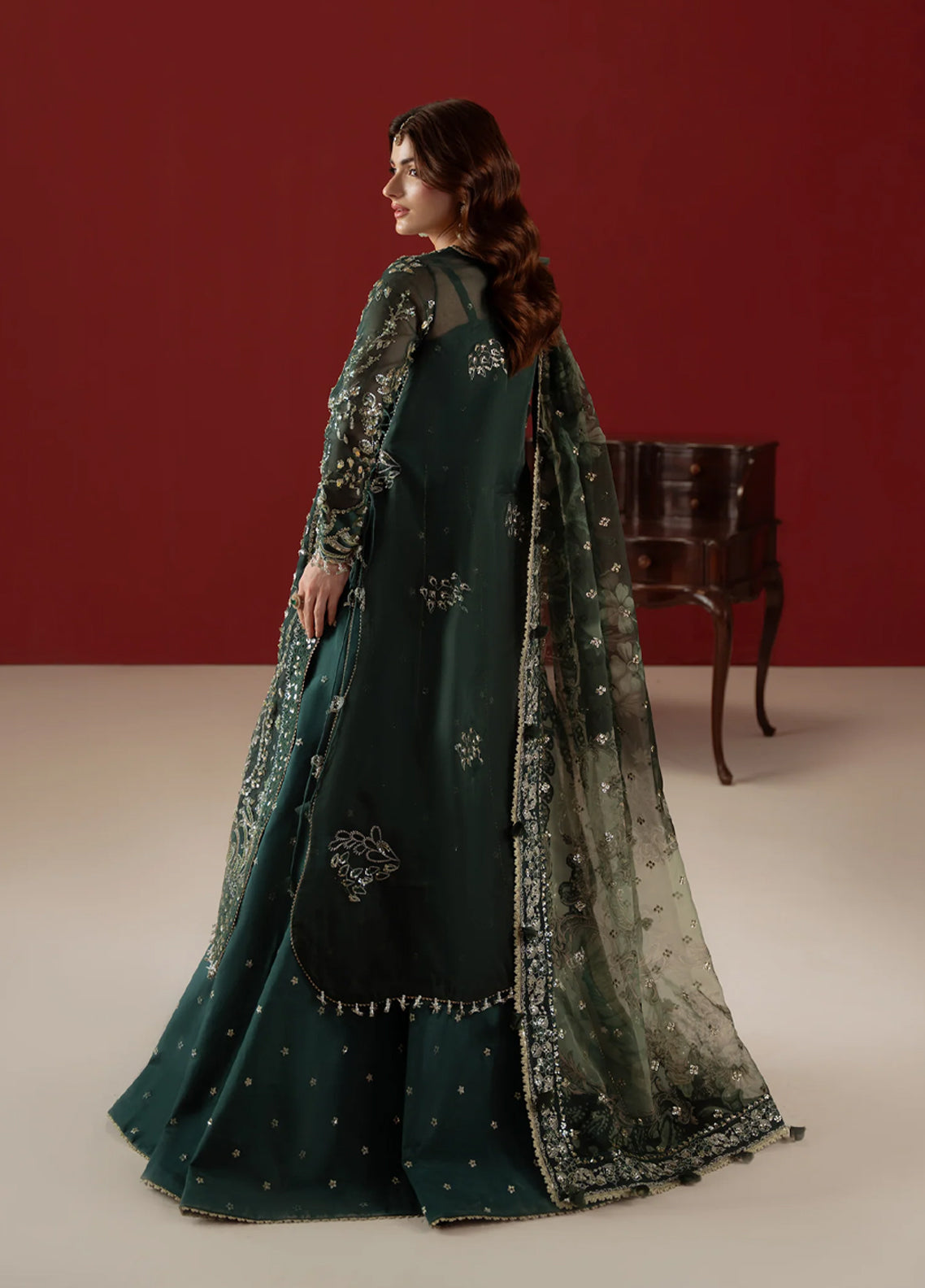 Ember By Aylin Luxury Festive Embroidered Organza 3 Piece Unstitched Suit AY26EF D-01 Elysee Bottle Green - Back View Ember By Aylin Luxury Festive Embroidered Organza 3 Piece Unstitched Suit AY26EF D-01 Elysee Bottle Green - Back View