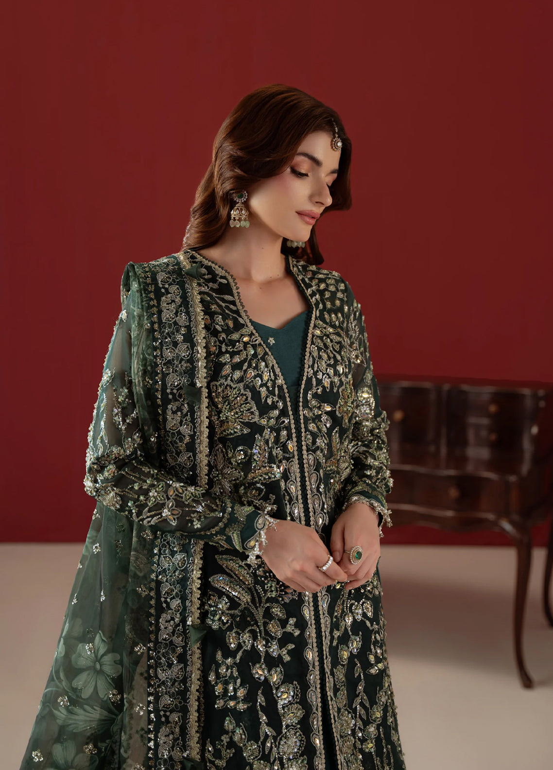 Ember By Aylin Luxury Festive Embroidered Organza 3 Piece Unstitched Suit AY26EF D-01 Elysee Bottle Green - Detail Ember By Aylin Luxury Festive Embroidered Organza 3 Piece Unstitched Suit AY26EF D-01 Elysee Bottle Green - Detail