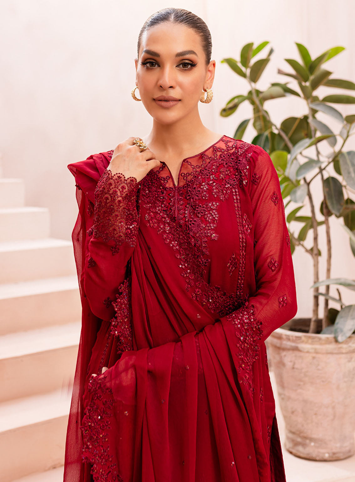 Ensembles By Azure Embroidered Chiffon Suits Unstitched 3 Piece - AZU24ESF CGES-064 CRIMSON GLOW Ensembles By Azure Embroidered Chiffon Suits Unstitched 3 Piece - AZU24ESF CGES-064 CRIMSON GLOW