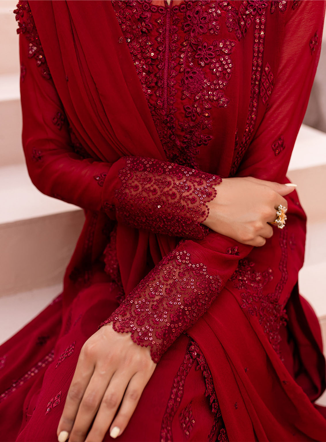 Ensembles By Azure Embroidered Chiffon Suits Unstitched 3 Piece - AZU24ESF CGES-064 CRIMSON GLOW Ensembles By Azure Embroidered Chiffon Suits Unstitched 3 Piece - AZU24ESF CGES-064 CRIMSON GLOW