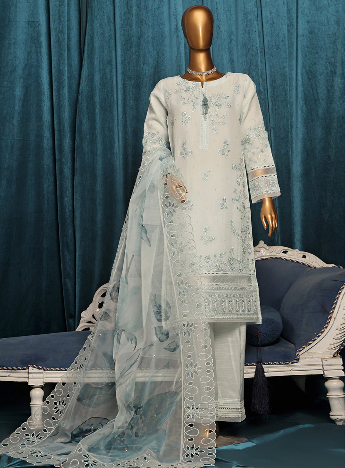 Falsafaa by HZ Textile Embroidered Organza Suits Stitched 3 Piece - HZ25FF 198 SKY BLUE Falsafaa by HZ Textile Embroidered Organza Suits Stitched 3 Piece - HZ25FF 198 SKY BLUE