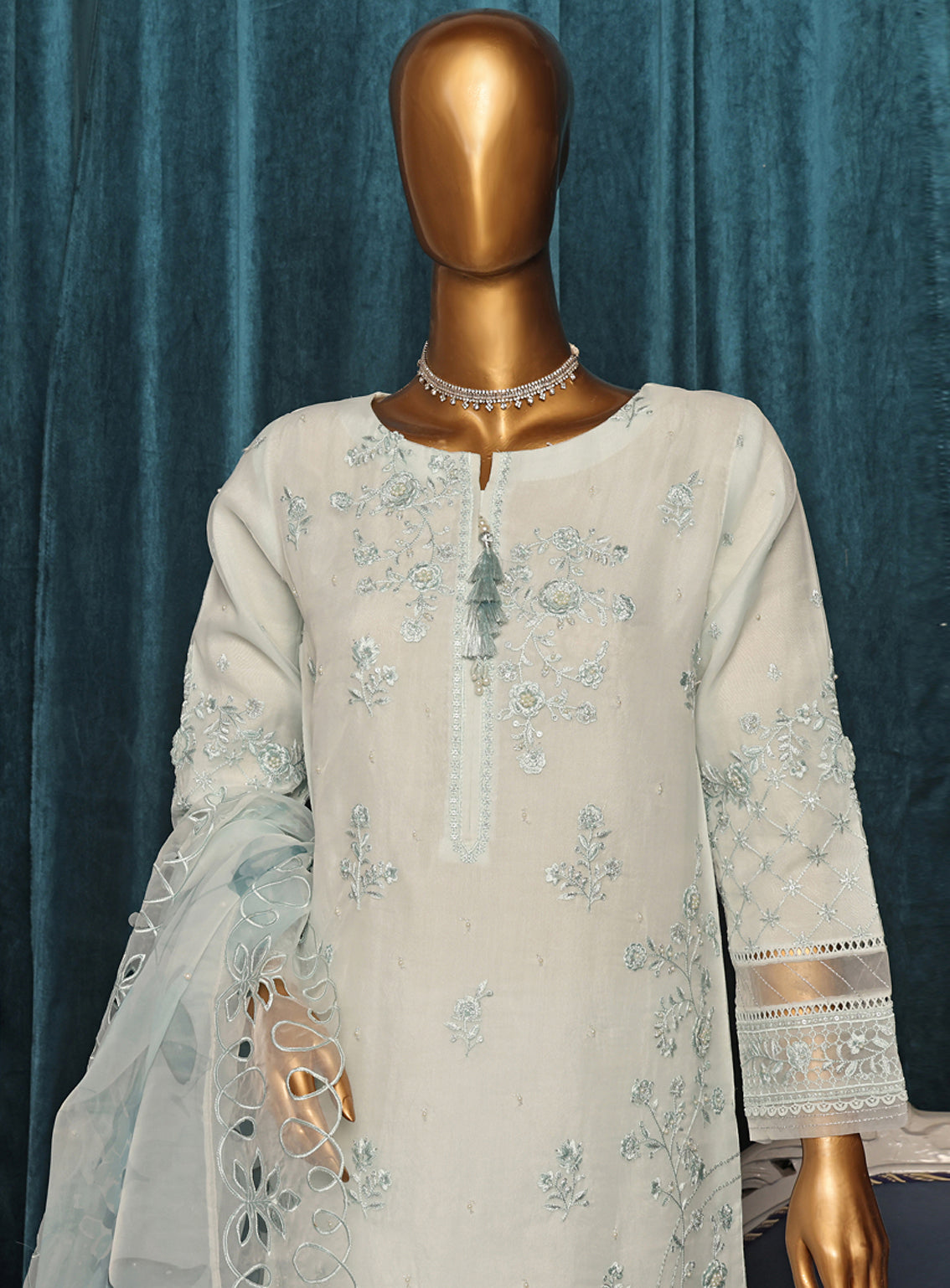 Falsafaa by HZ Textile Embroidered Organza Suits Stitched 3 Piece - HZ25FF 198 SKY BLUE Falsafaa by HZ Textile Embroidered Organza Suits Stitched 3 Piece - HZ25FF 198 SKY BLUE