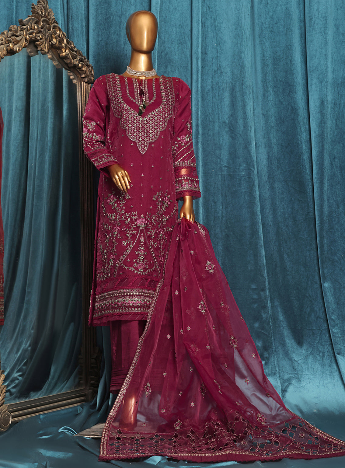 Falsafaa by HZ Textile Embroidered Organza Suits Stitched 3 Piece - HZ25FF 203 MAGENTA Falsafaa by HZ Textile Embroidered Organza Suits Stitched 3 Piece - HZ25FF 203 MAGENTA