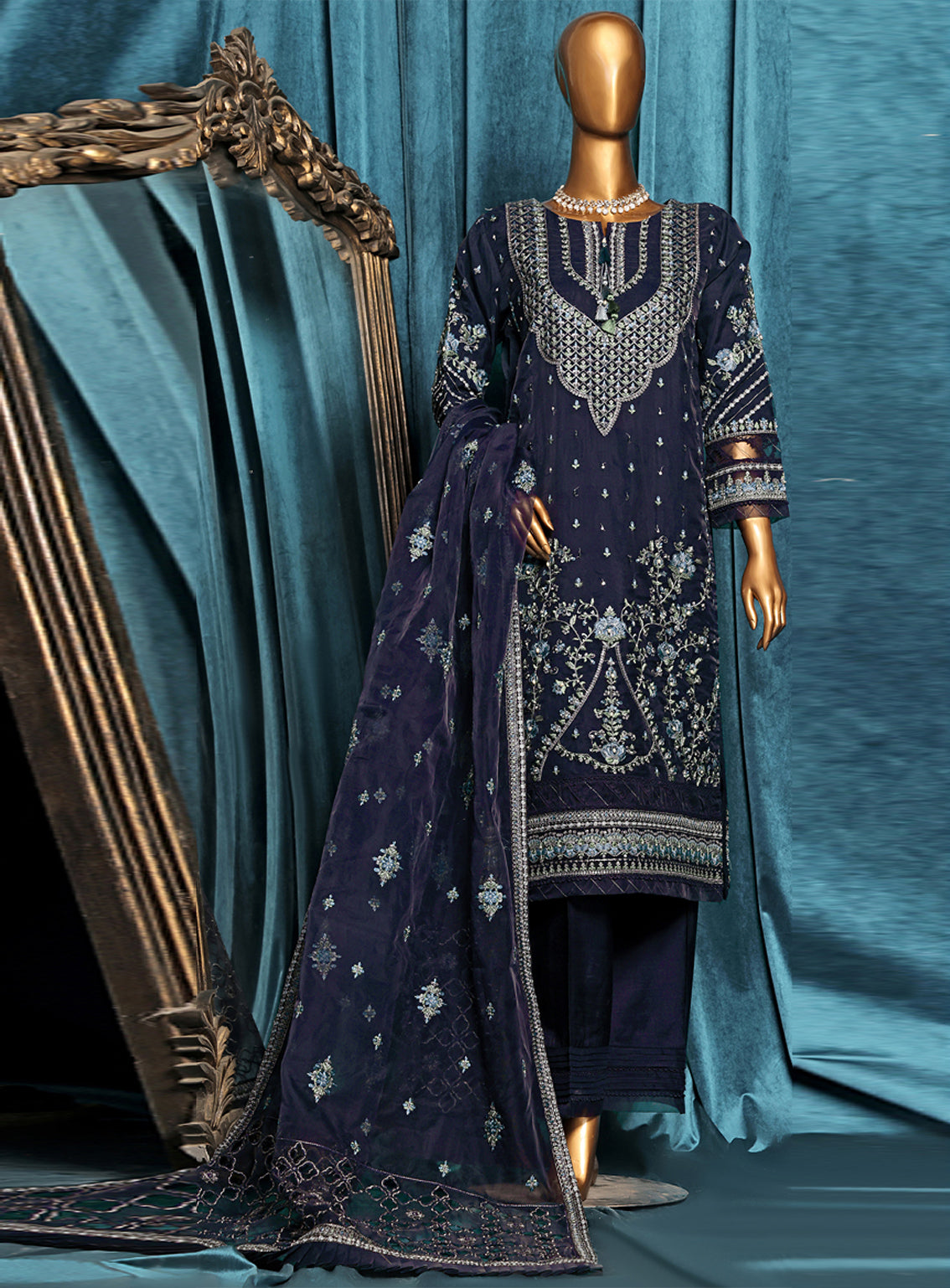 Falsafaa by HZ Textile Embroidered Organza Suits Stitched 3 Piece - HZ25FF 203 NAVY BLUE Falsafaa by HZ Textile Embroidered Organza Suits Stitched 3 Piece - HZ25FF 203 NAVY BLUE