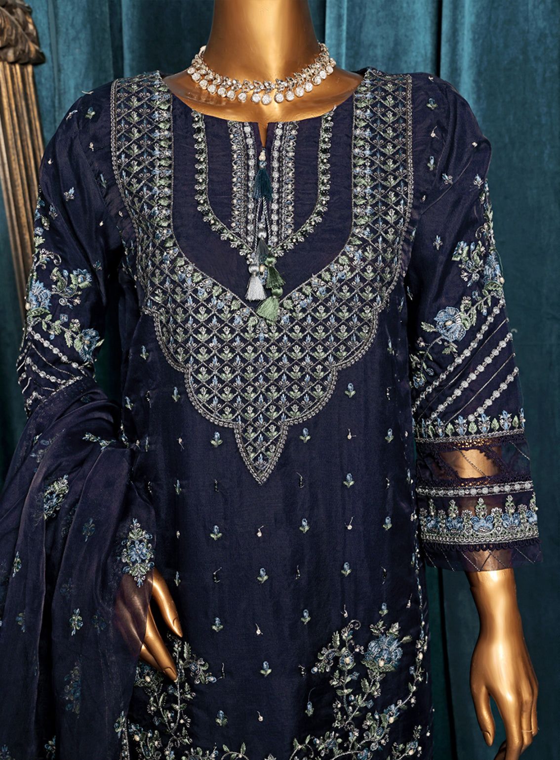 Falsafaa by HZ Textile Embroidered Organza Suits Stitched 3 Piece - HZ25FF 203 NAVY BLUE Falsafaa by HZ Textile Embroidered Organza Suits Stitched 3 Piece - HZ25FF 203 NAVY BLUE