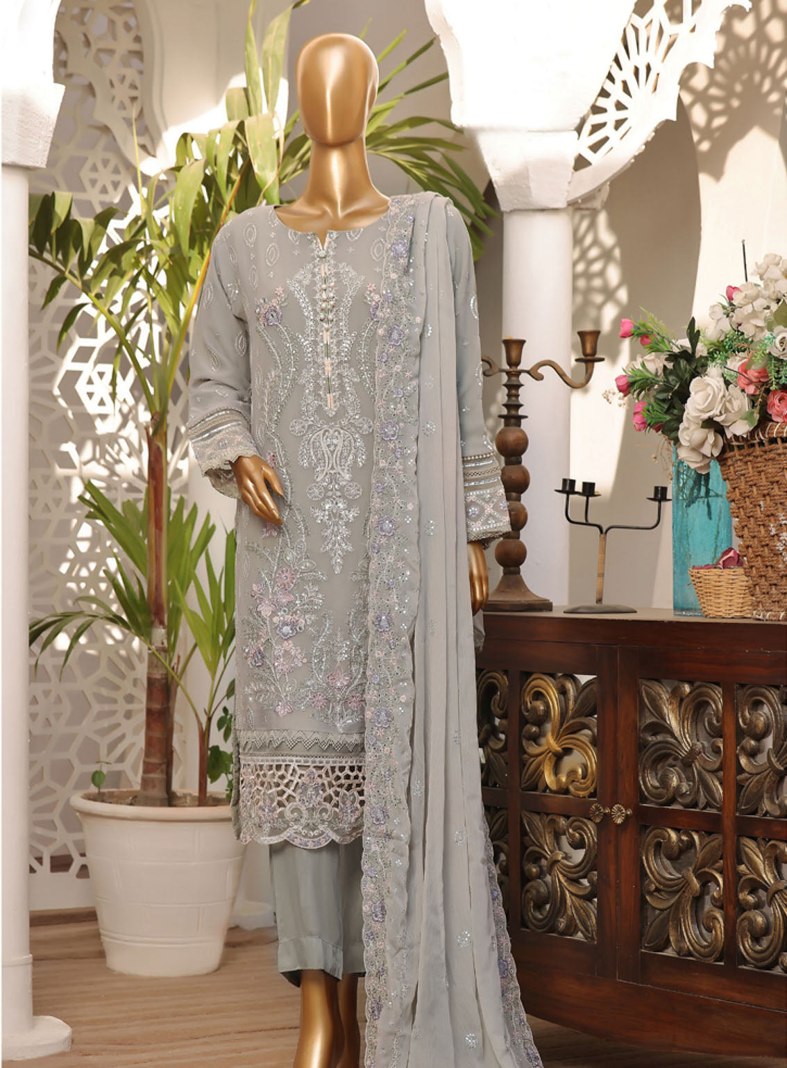 Fasaane By HZ Textile Embroidered Chiffon Suits Stitched 3 Piece - HZ24FC HZK-164 GREY Fasaane By HZ Textile Embroidered Chiffon Suits Stitched 3 Piece - HZ24FC HZK-164 GREY