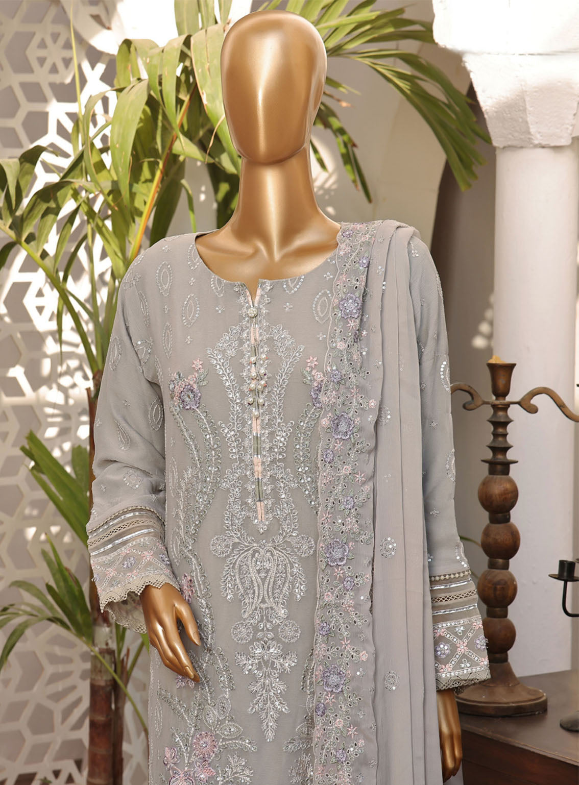 Fasaane By HZ Textile Embroidered Chiffon Suits Stitched 3 Piece - HZ24FC HZK-164 GREY Fasaane By HZ Textile Embroidered Chiffon Suits Stitched 3 Piece - HZ24FC HZK-164 GREY