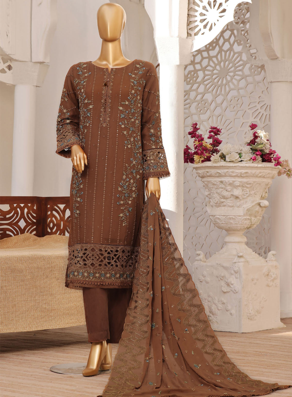 Fasaane By HZ Textile Embroidered Chiffon Suits Stitched 3 Piece - HZ24FC HZK-165 BROWN Fasaane By HZ Textile Embroidered Chiffon Suits Stitched 3 Piece - HZ24FC HZK-165 BROWN