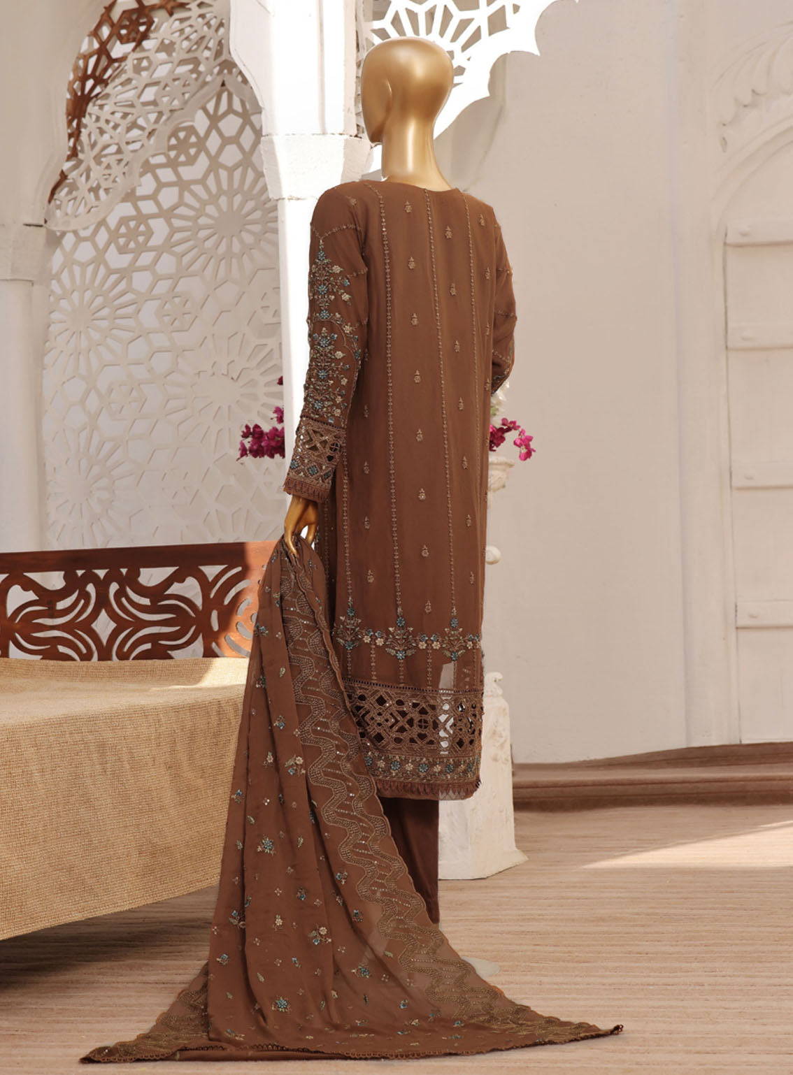 Fasaane By HZ Textile Embroidered Chiffon Suits Stitched 3 Piece - HZ24FC HZK-165 BROWN Fasaane By HZ Textile Embroidered Chiffon Suits Stitched 3 Piece - HZ24FC HZK-165 BROWN