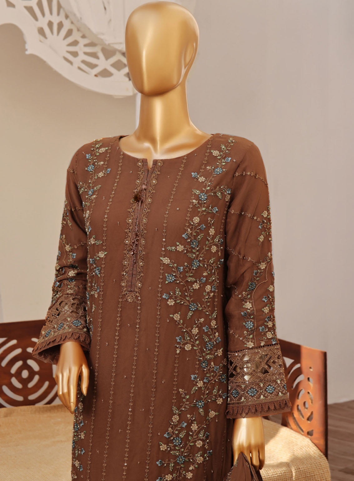 Fasaane By HZ Textile Embroidered Chiffon Suits Stitched 3 Piece - HZ24FC HZK-165 BROWN Fasaane By HZ Textile Embroidered Chiffon Suits Stitched 3 Piece - HZ24FC HZK-165 BROWN