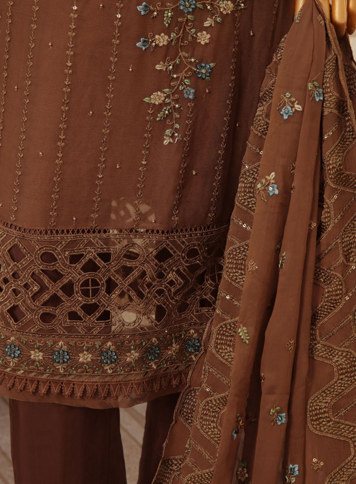 Fasaane By HZ Textile Embroidered Chiffon Suits Stitched 3 Piece - HZ24FC HZK-165 BROWN Fasaane By HZ Textile Embroidered Chiffon Suits Stitched 3 Piece - HZ24FC HZK-165 BROWN