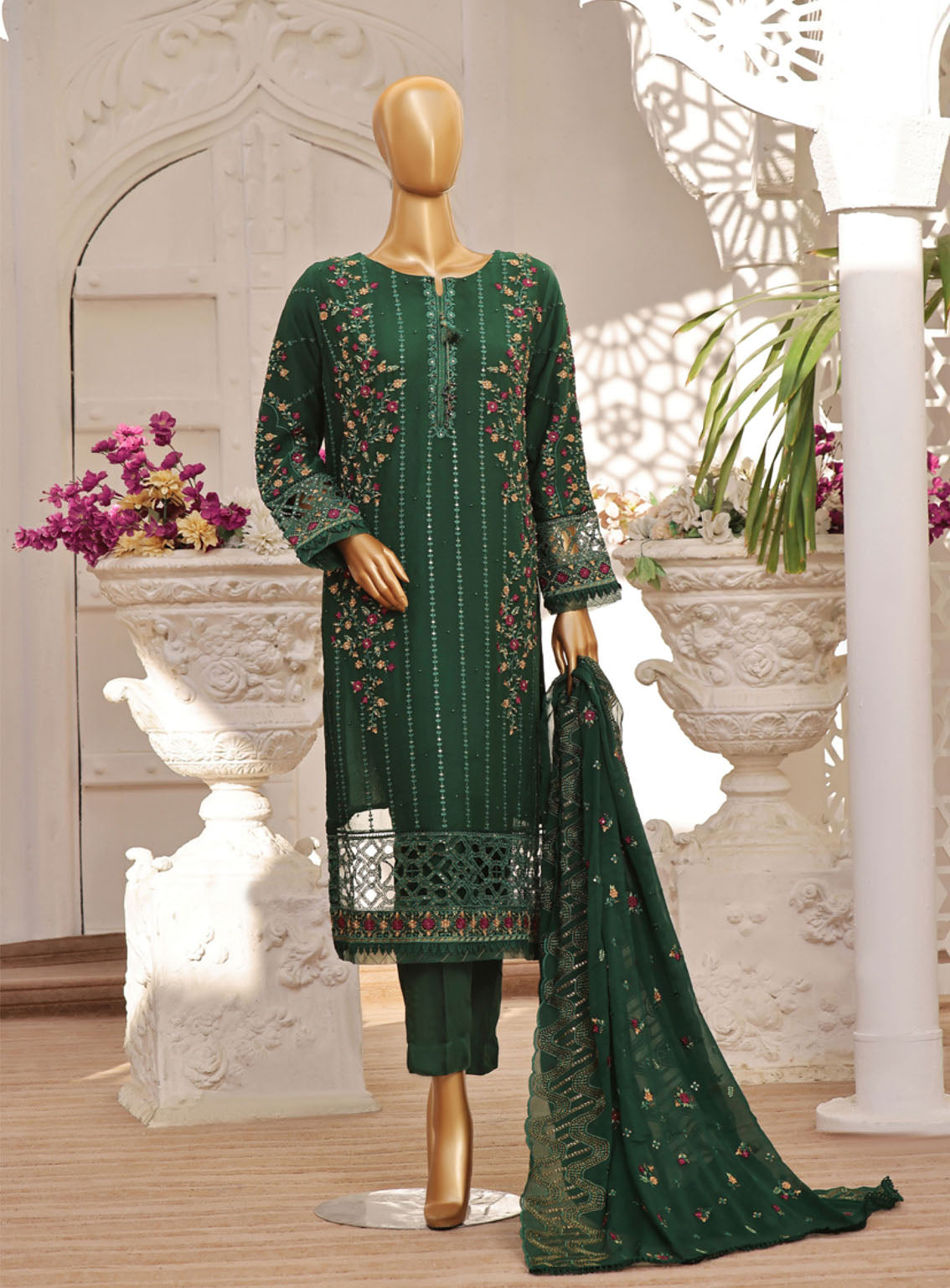 Fasaane By HZ Textile Embroidered Chiffon Suits Stitched 3 Piece - HZ24FC HZK-165 GREEN Fasaane By HZ Textile Embroidered Chiffon Suits Stitched 3 Piece - HZ24FC HZK-165 GREEN