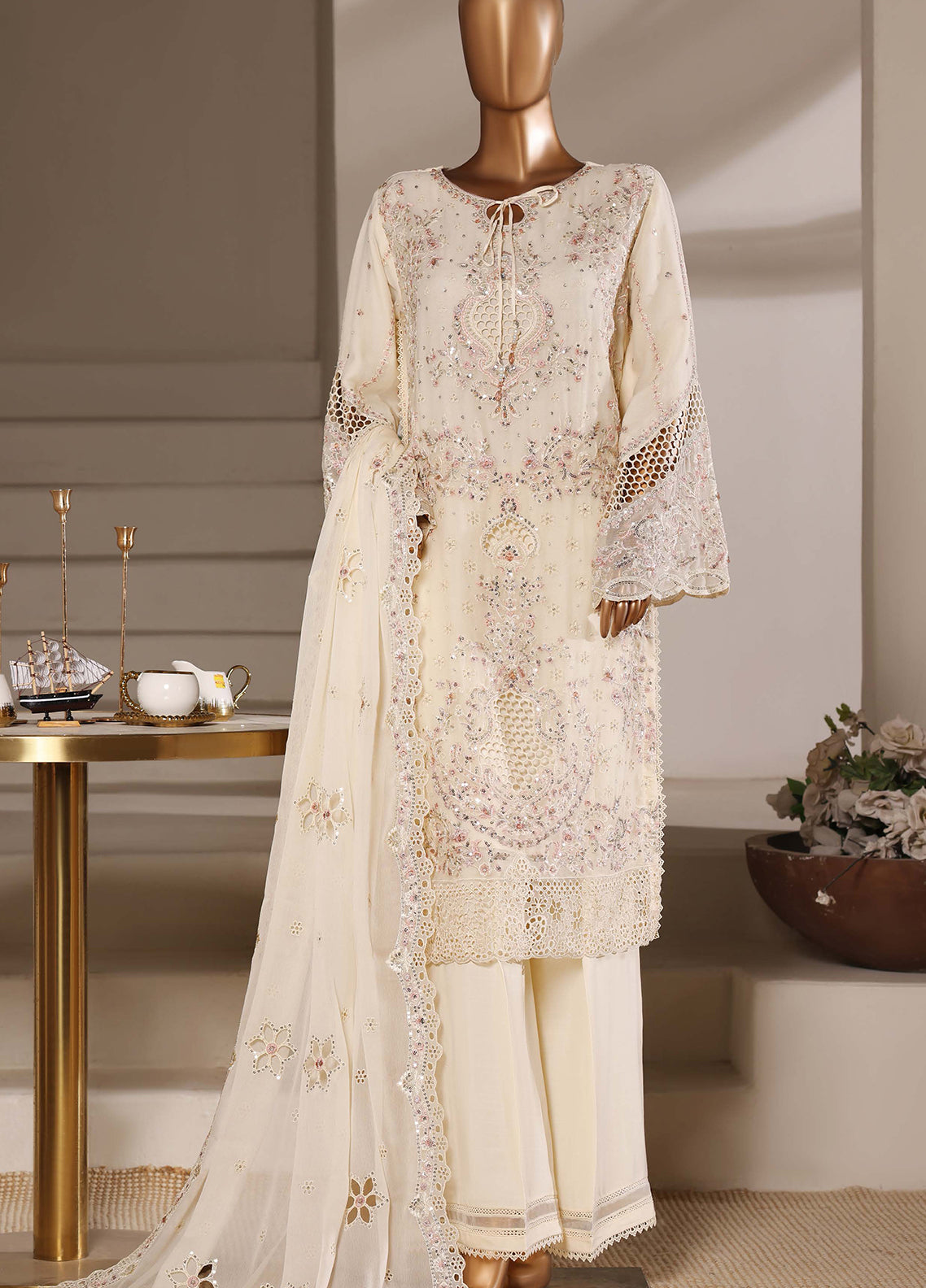 Fasaane By HZ Textiles Formals Embroidered Chiffon 3 Piece Stitched Suit HZ26FFECV1 D-HZK-236-CRM Fasaane By HZ Textiles Formals Embroidered Chiffon 3 Piece Stitched Suit HZ26FFECV1 D-HZK-236-CRM