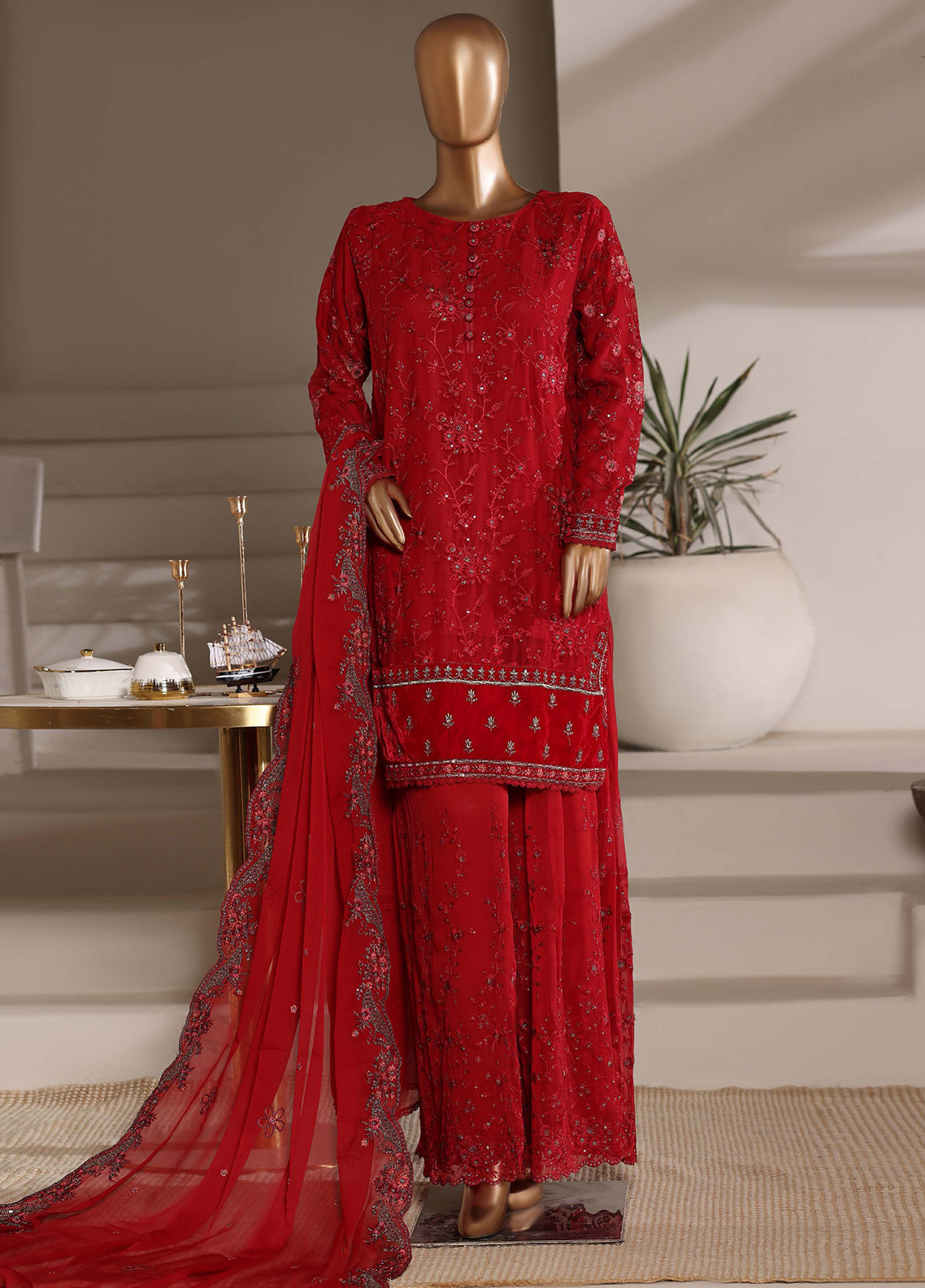 Fasaane By HZ Textiles Formals Embroidered Chiffon 3 Piece Stitched Suit HZ26FFECV1 D-HZK-239-MRN Fasaane By HZ Textiles Formals Embroidered Chiffon 3 Piece Stitched Suit HZ26FFECV1 D-HZK-239-MRN