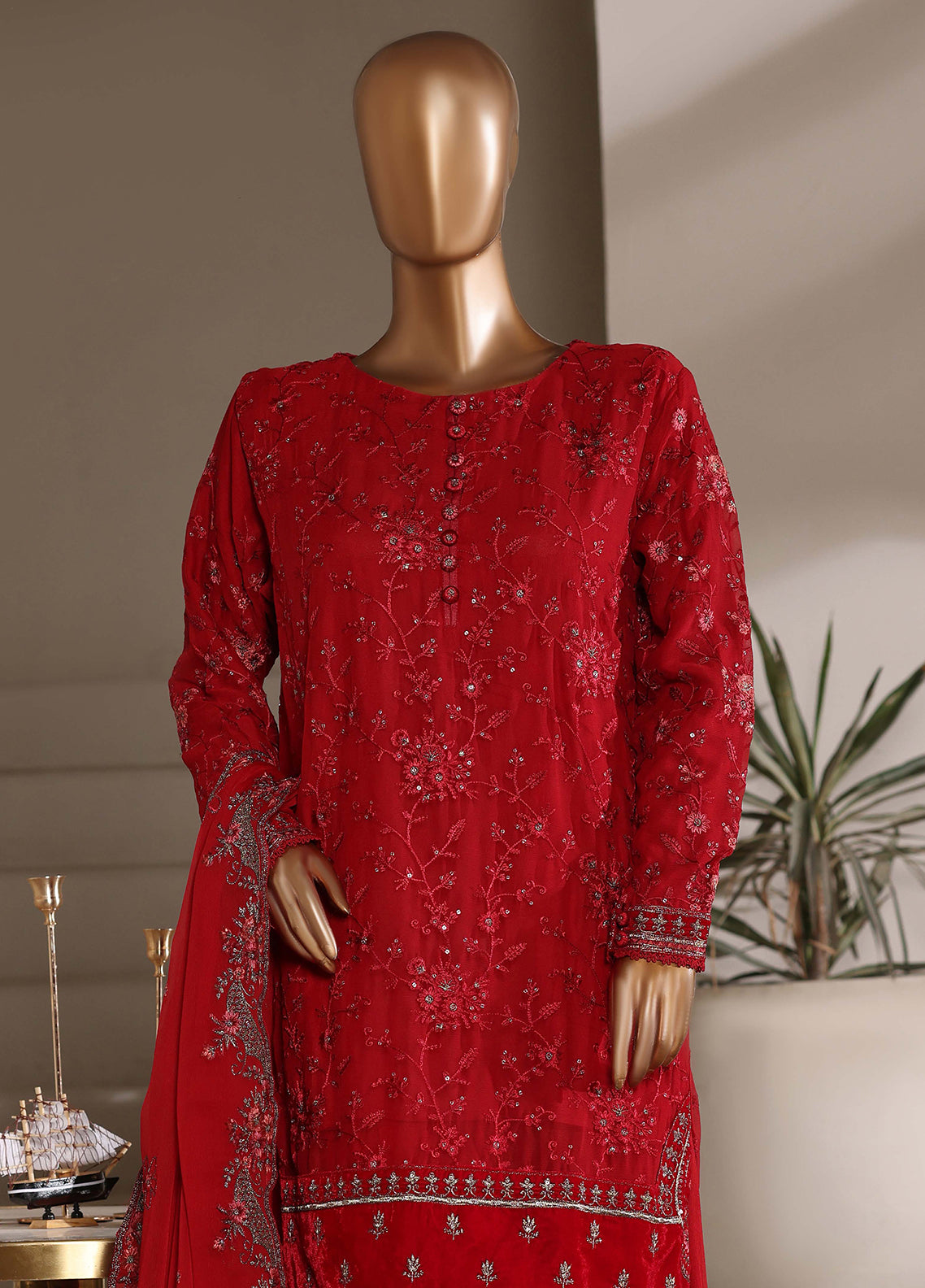 Fasaane By HZ Textiles Formals Embroidered Chiffon 3 Piece Stitched Suit HZ26FFECV1 D-HZK-239-MRN Fasaane By HZ Textiles Formals Embroidered Chiffon 3 Piece Stitched Suit HZ26FFECV1 D-HZK-239-MRN