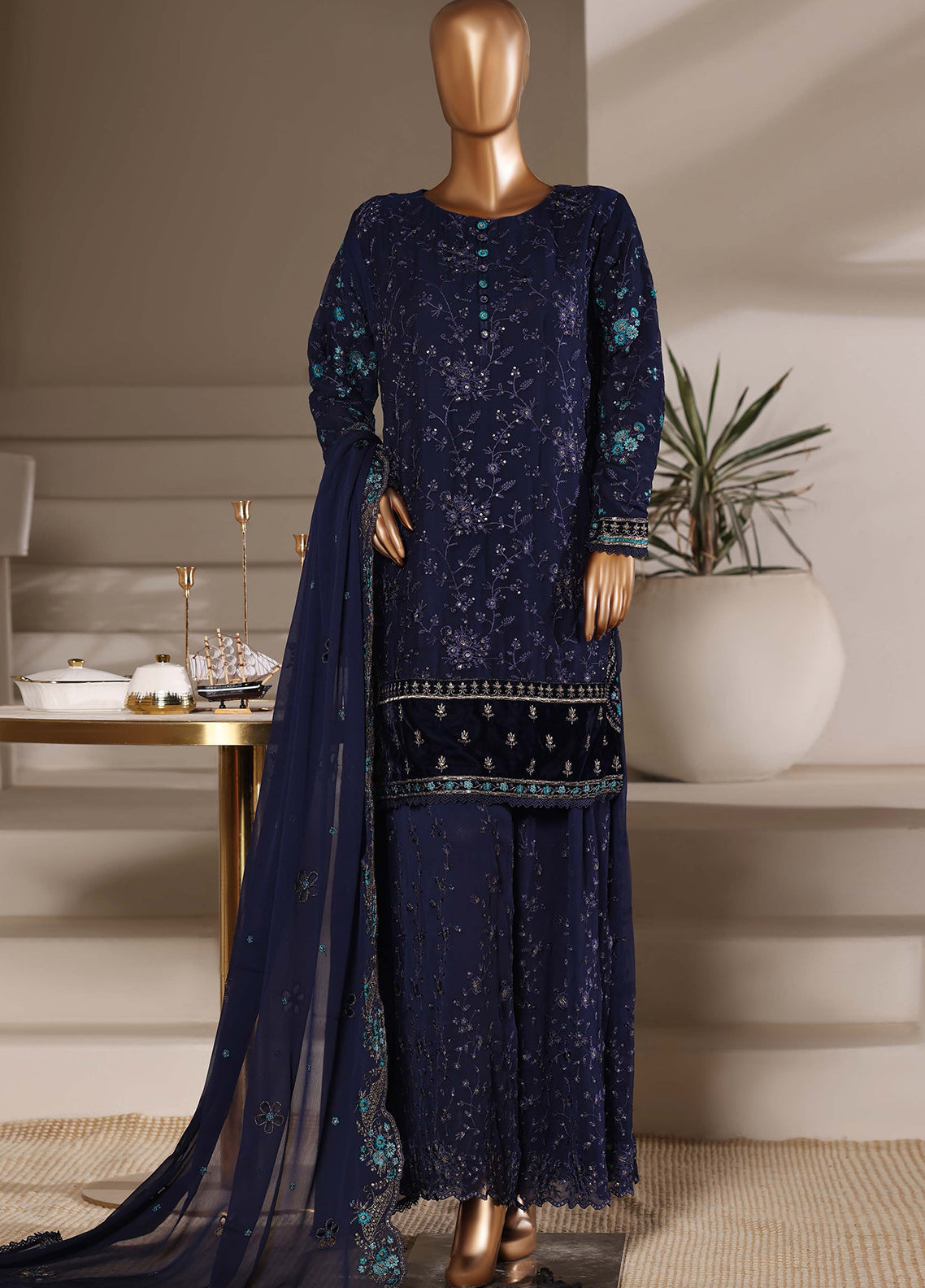 Fasaane By HZ Textiles Formals Embroidered Chiffon 3 Piece Stitched Suit HZ26FFECV1 D-HZK-239-NVY Fasaane By HZ Textiles Formals Embroidered Chiffon 3 Piece Stitched Suit HZ26FFECV1 D-HZK-239-NVY