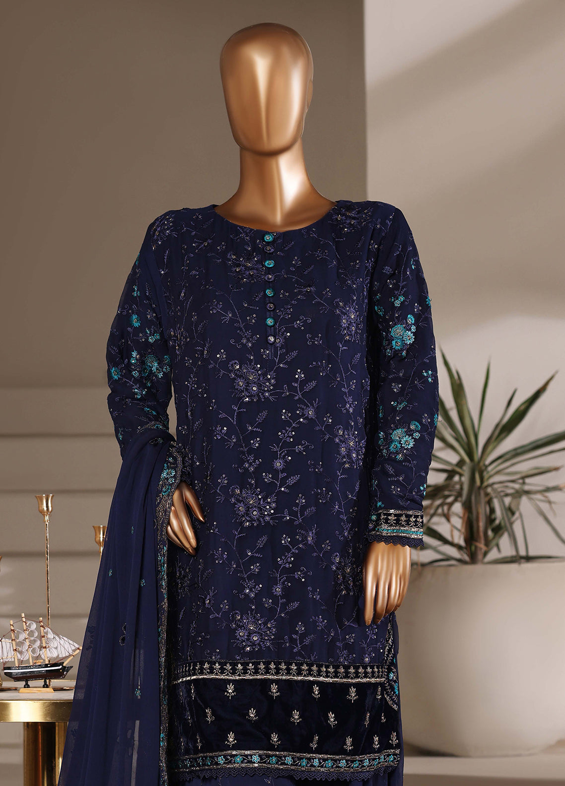 Fasaane By HZ Textiles Formals Embroidered Chiffon 3 Piece Stitched Suit HZ26FFECV1 D-HZK-239-NVY Fasaane By HZ Textiles Formals Embroidered Chiffon 3 Piece Stitched Suit HZ26FFECV1 D-HZK-239-NVY