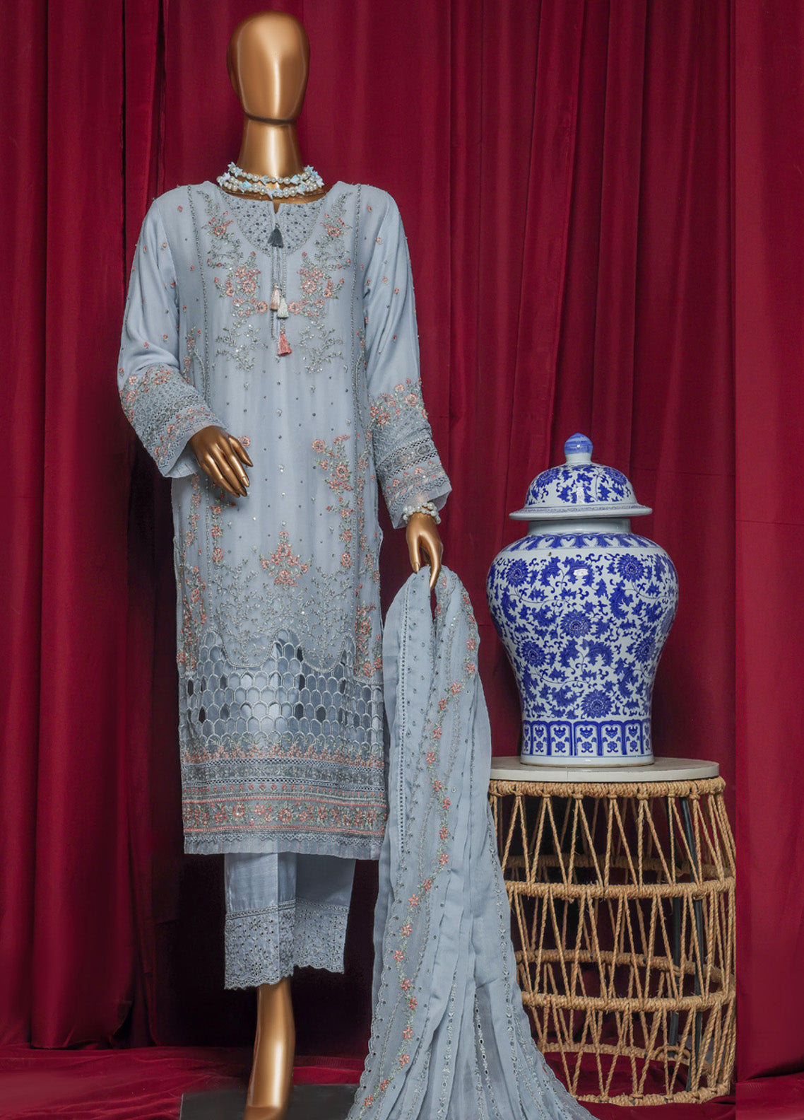 Fasaane by HZ Textiles Embroidered Chiffon Suits Stitched 3 Piece - HZ25FCF HZK-209 PASTEL BLUE Fasaane by HZ Textiles Embroidered Chiffon Suits Stitched 3 Piece - HZ25FCF HZK-209 PASTEL BLUE