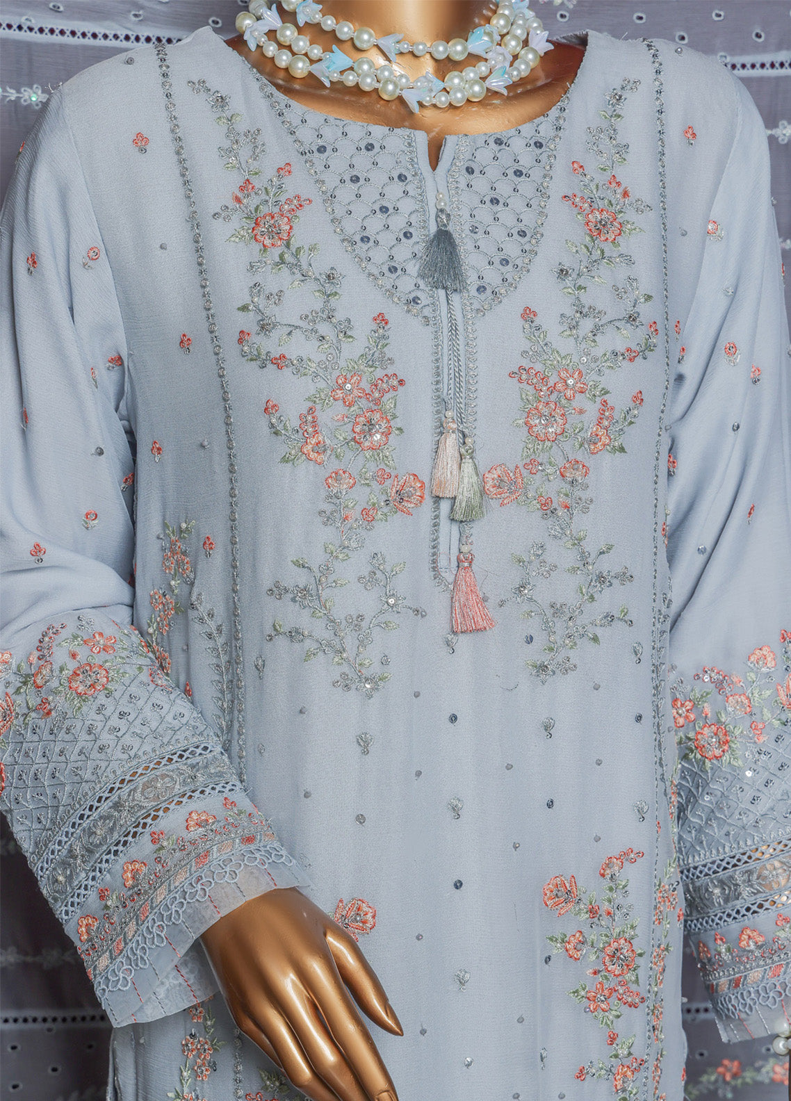 Fasaane by HZ Textiles Embroidered Chiffon Suits Stitched 3 Piece - HZ25FCF HZK-209 PASTEL BLUE Fasaane by HZ Textiles Embroidered Chiffon Suits Stitched 3 Piece - HZ25FCF HZK-209 PASTEL BLUE