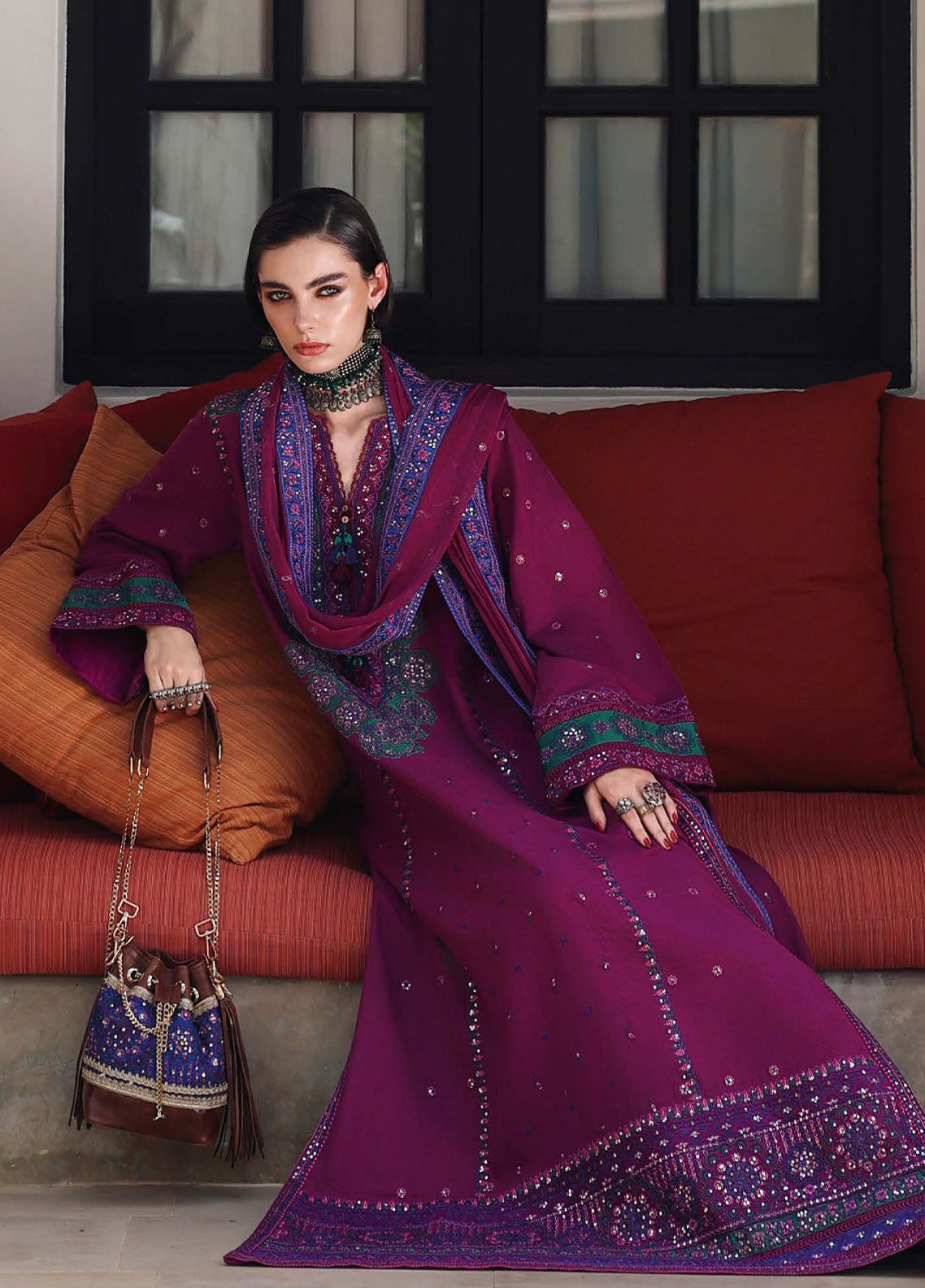 Hemline Nuvera By Mushq Embroidered Raw Silk 3 Piece Unstitched Suit MQ26HN D-204 REINA ROUGE Hemline Nuvera By Mushq Embroidered Raw Silk 3 Piece Unstitched Suit MQ26HN D-204 REINA ROUGE