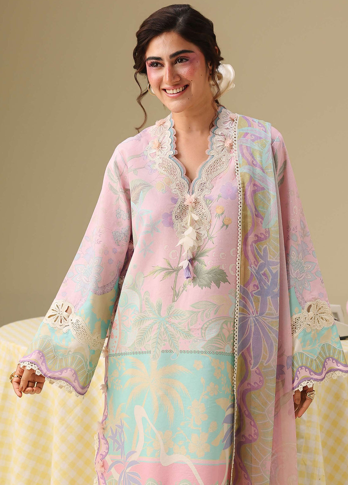 Hemline Soleil By Mushq Embroidered Lawn 3 Piece Unstitched Suit MQ26HSP D-312 HONEY PETAL Hemline Soleil By Mushq Embroidered Lawn 3 Piece Unstitched Suit MQ26HSP D-312 HONEY PETAL