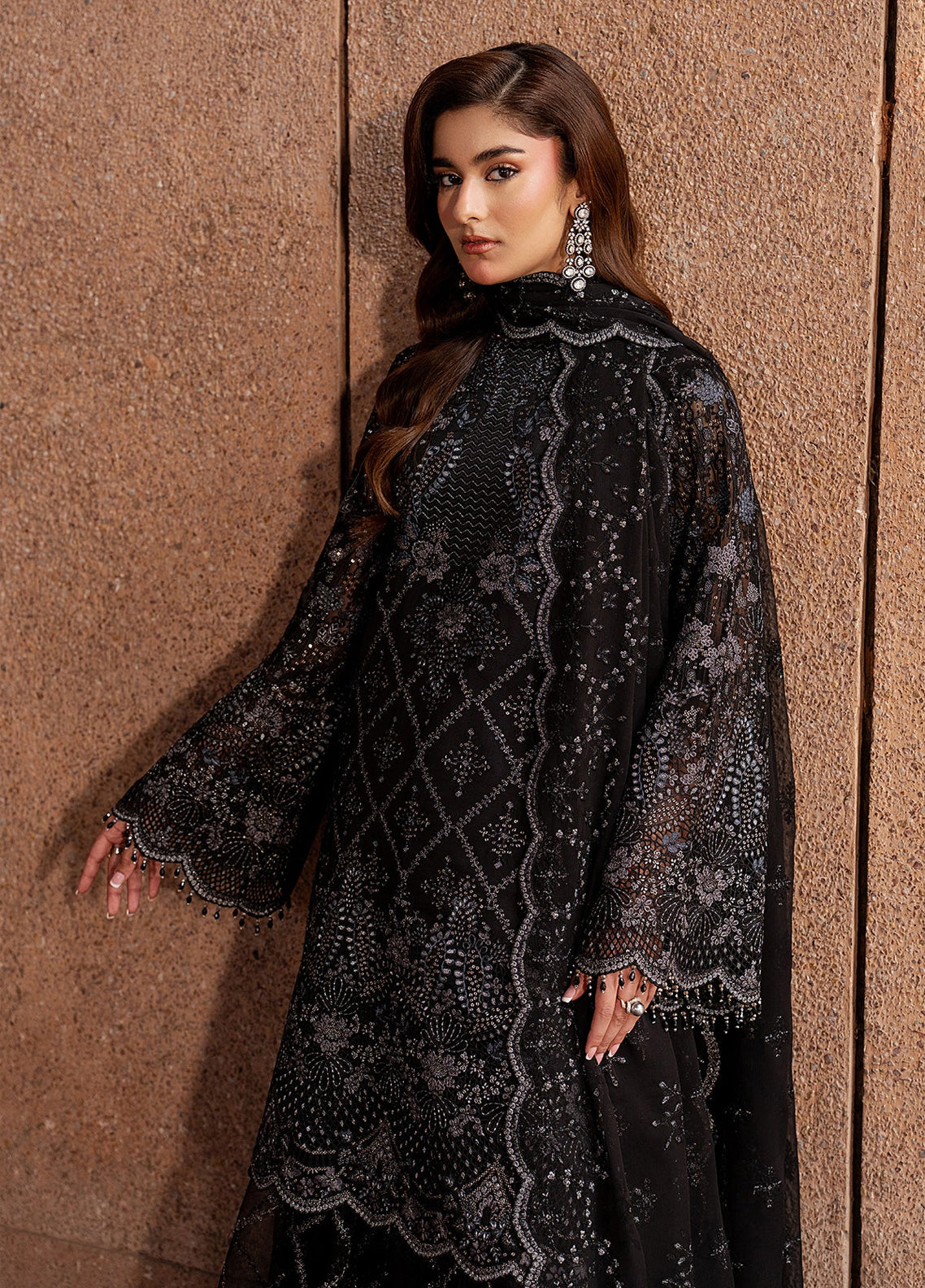 Lamisah By Lavish Premium Lazawal Embroidered Chiffon 3 Piece Unstitched Suit LP25LLC D-01 BLACK WHISPER Lamisah By Lavish Premium Lazawal Embroidered Chiffon 3 Piece Unstitched Suit LP25LLC D-01 BLACK WHISPER