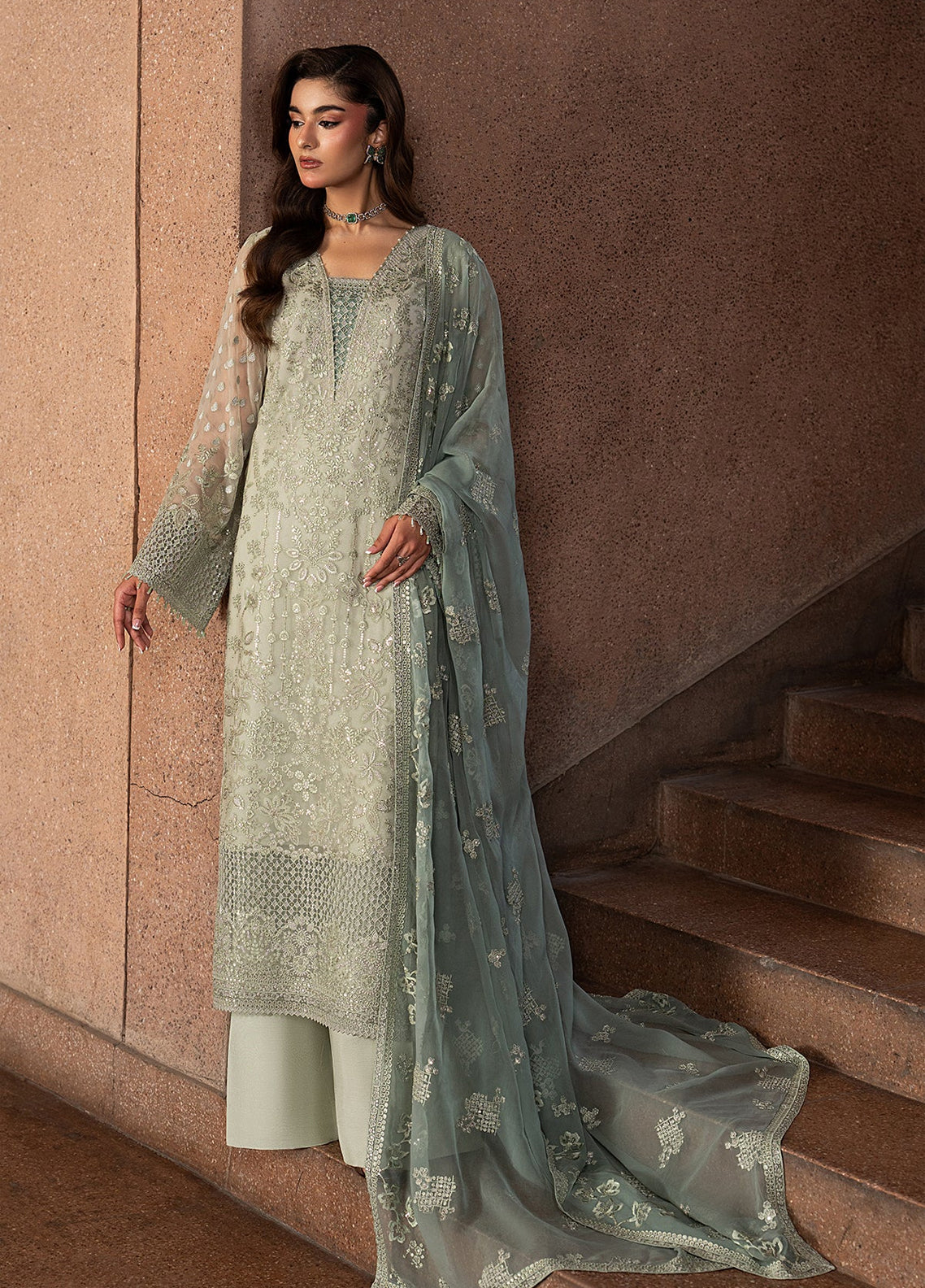 Lamisah By Lavish Premium Lazawal Embroidered Chiffon 3 Piece Unstitched Suit LP25LLC D-03 PISTACHIO PEARL Lamisah By Lavish Premium Lazawal Embroidered Chiffon 3 Piece Unstitched Suit LP25LLC D-03 PISTACHIO PEARL
