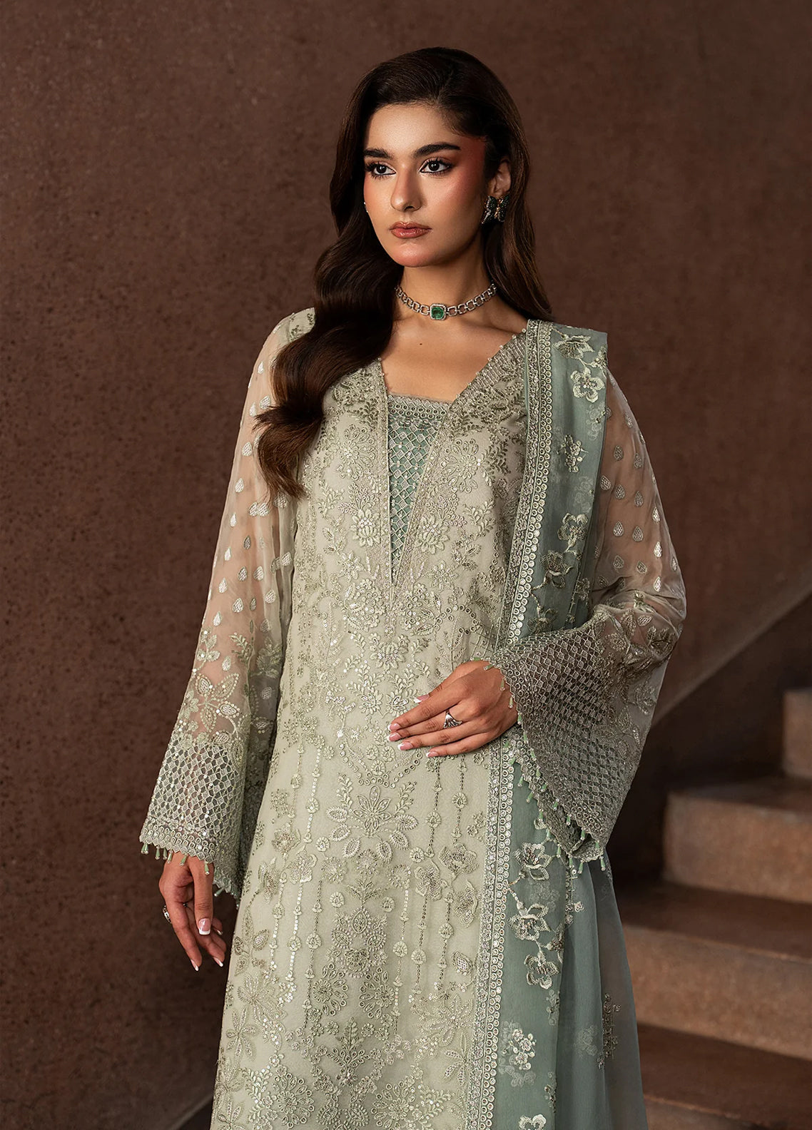 Lamisah By Lavish Premium Lazawal Embroidered Chiffon 3 Piece Unstitched Suit LP25LLC D-03 PISTACHIO PEARL Lamisah By Lavish Premium Lazawal Embroidered Chiffon 3 Piece Unstitched Suit LP25LLC D-03 PISTACHIO PEARL