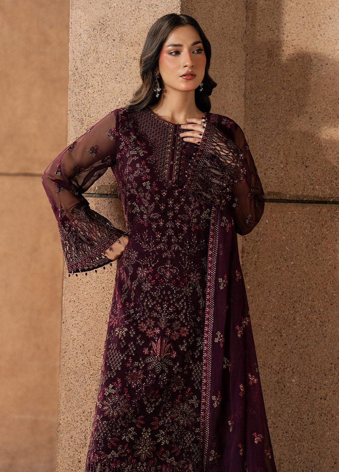 Lamisah By Lavish Premium Lazawal Embroidered Chiffon 3 Piece Unstitched Suit LP25LLC D-09 MAROON MAJESTY Lamisah By Lavish Premium Lazawal Embroidered Chiffon 3 Piece Unstitched Suit LP25LLC D-09 MAROON MAJESTY