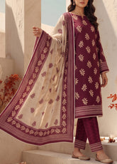Malhar By VS Textile Printed Karandi 3 Piece Unstitched Dress VS26MV2 D-KW-143 Maroon - Front View