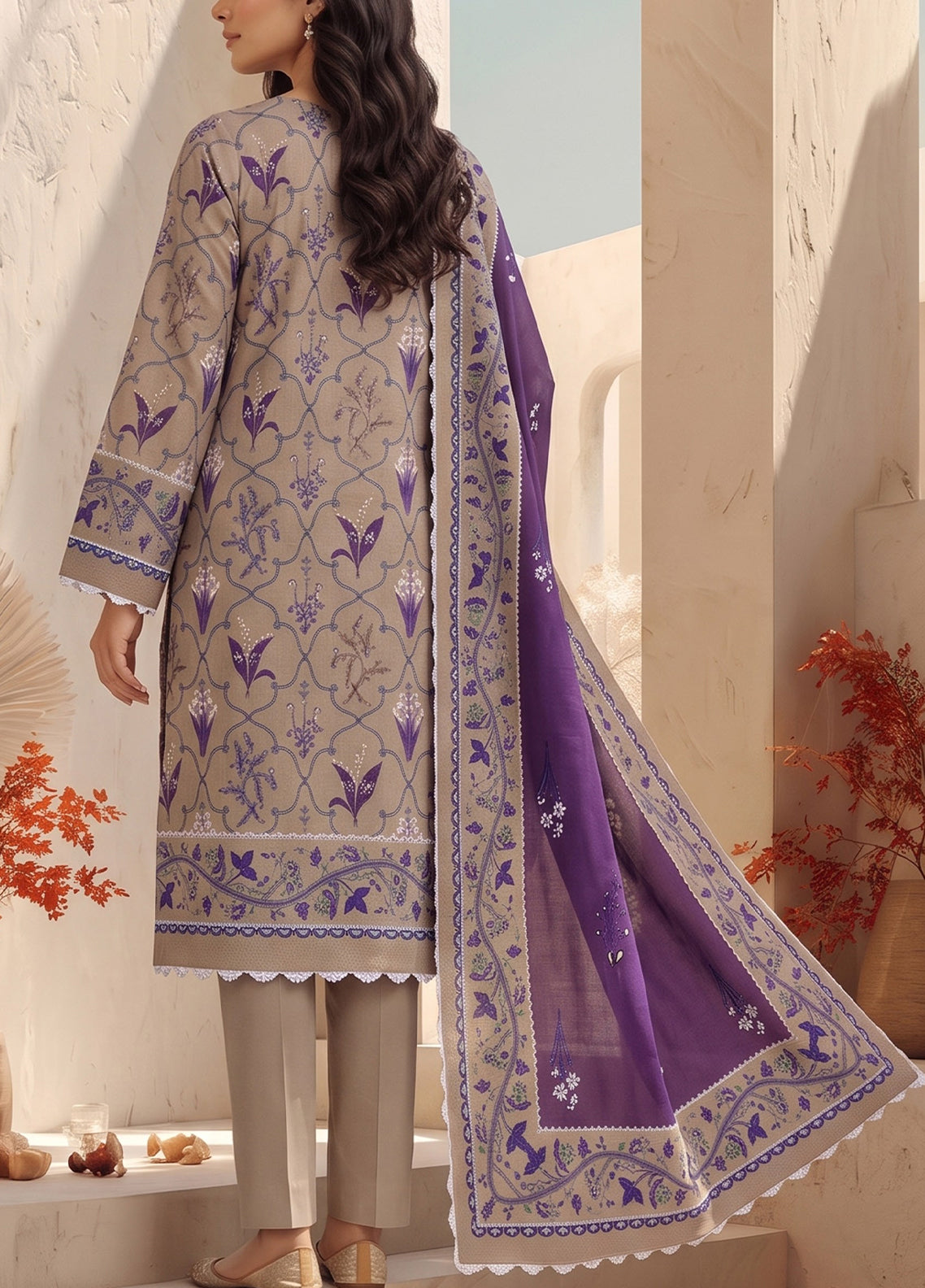 Malhar By VS Textile Printed Karandi 3 Piece Unstitched Dress VS26MV2 D-KW-146 Beige Purple - Back View Malhar By VS Textile Printed Karandi 3 Piece Unstitched Dress VS26MV2 D-KW-146 Beige Purple - Back View