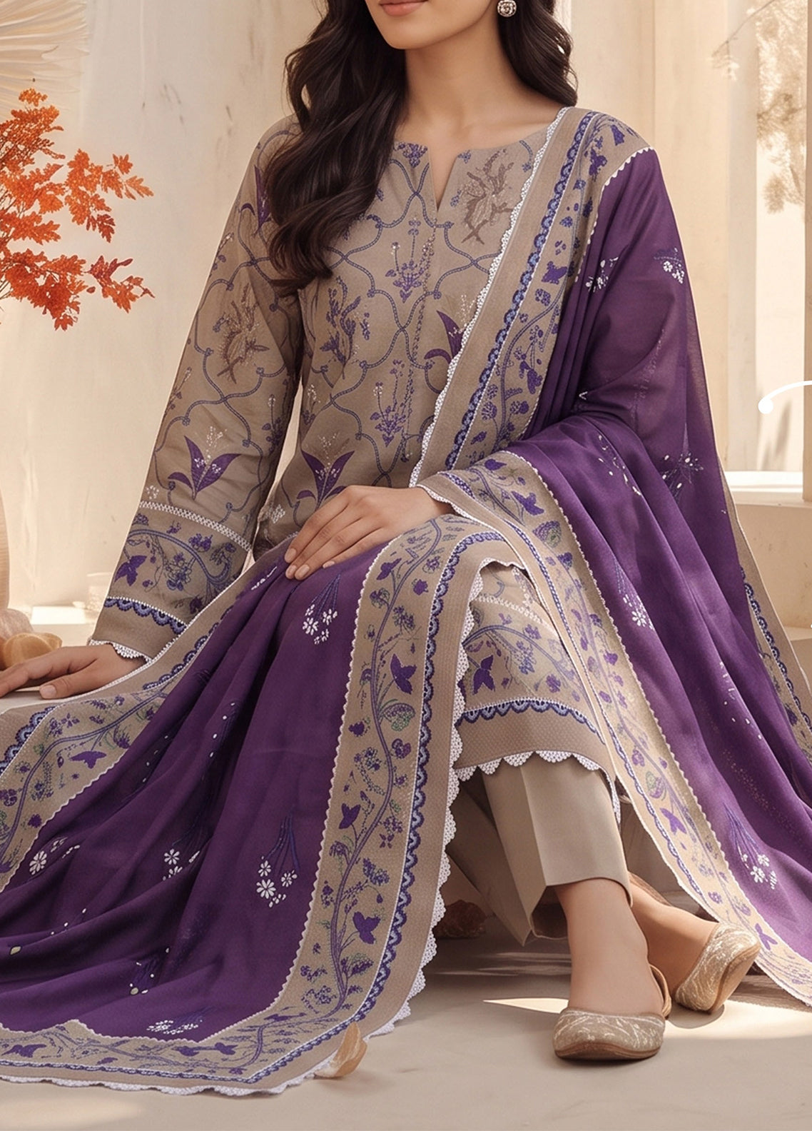 Malhar By VS Textile Printed Karandi 3 Piece Unstitched Dress VS26MV2 D-KW-146 Beige Purple - Detail Malhar By VS Textile Printed Karandi 3 Piece Unstitched Dress VS26MV2 D-KW-146 Beige Purple - Detail