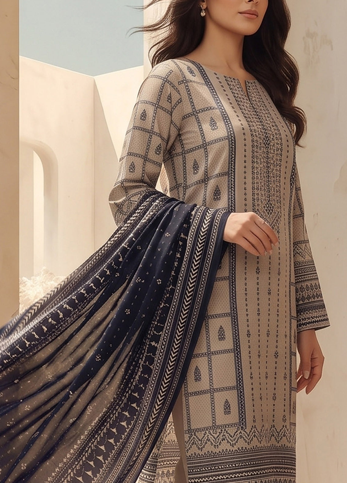 Malhar By VS Textile Printed Karandi 3 Piece Unstitched Suit VS26MV2 D-KW-140 Beige - Detail Malhar By VS Textile Printed Karandi 3 Piece Unstitched Suit VS26MV2 D-KW-140 Beige - Detail